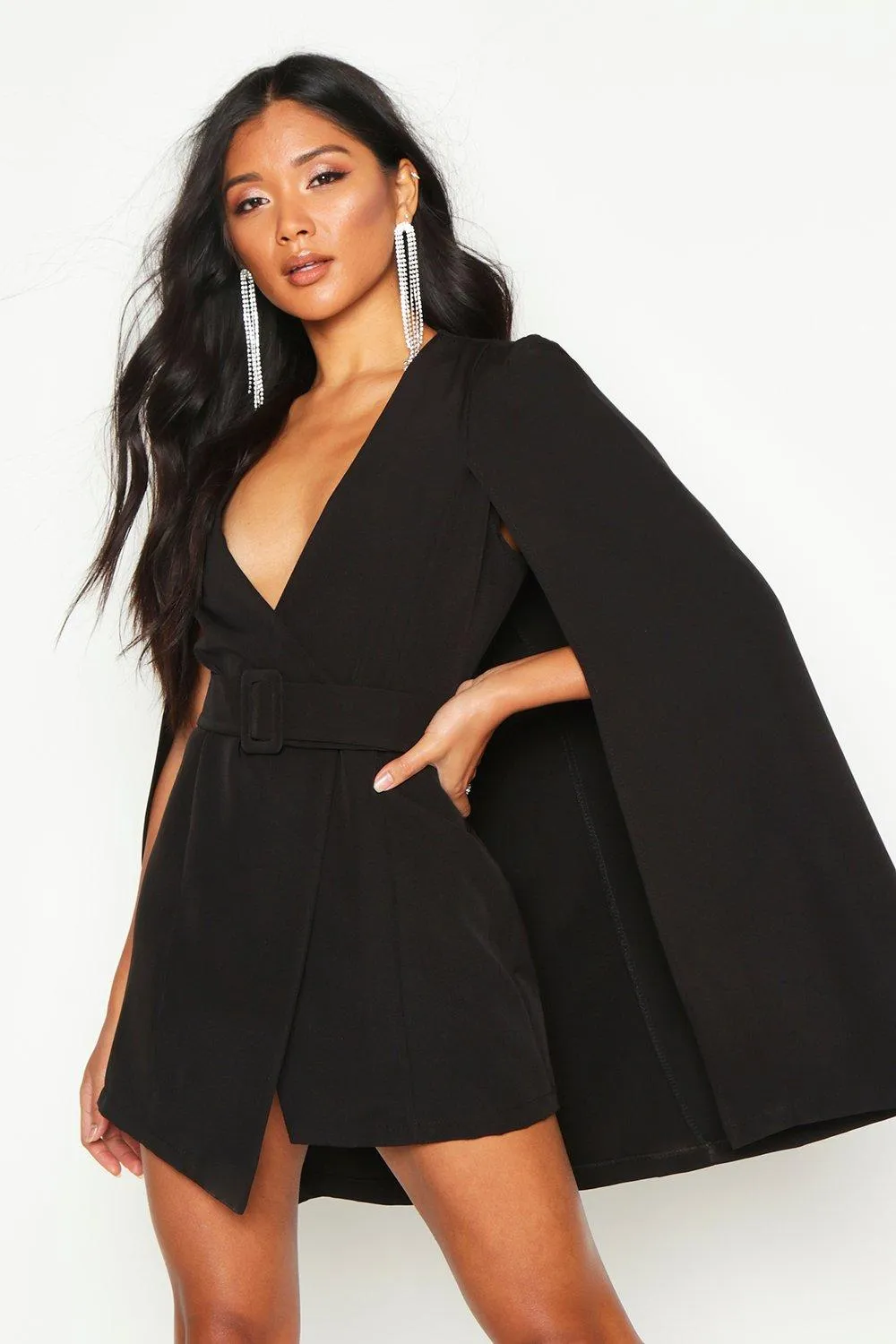 Belted Cape Detail Blazer Dress