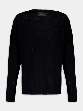 Black Open Knit V-Neck Sweater