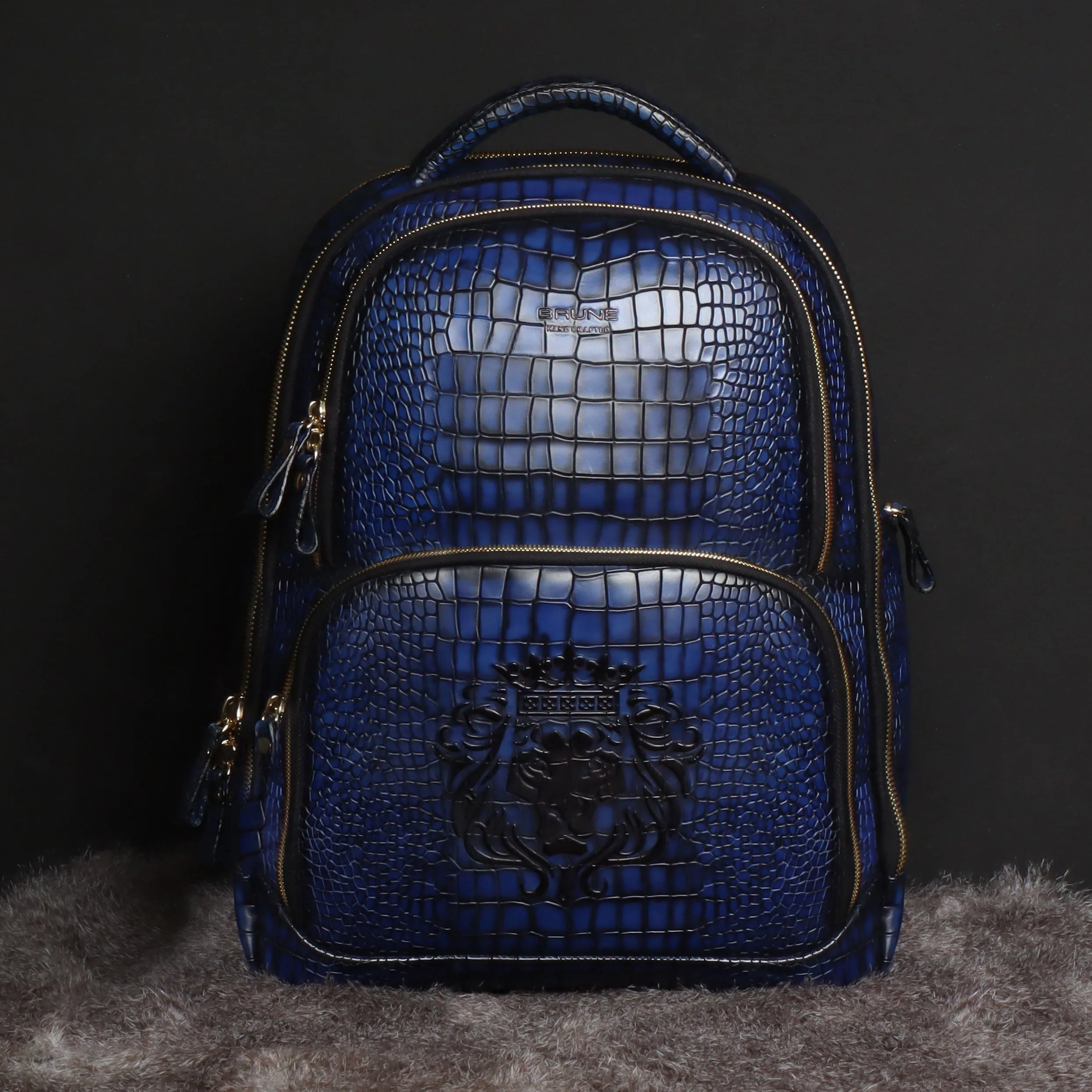 Blue Deep Cut Croco Hand Painted Leather Backpack by Brune & Bareskin