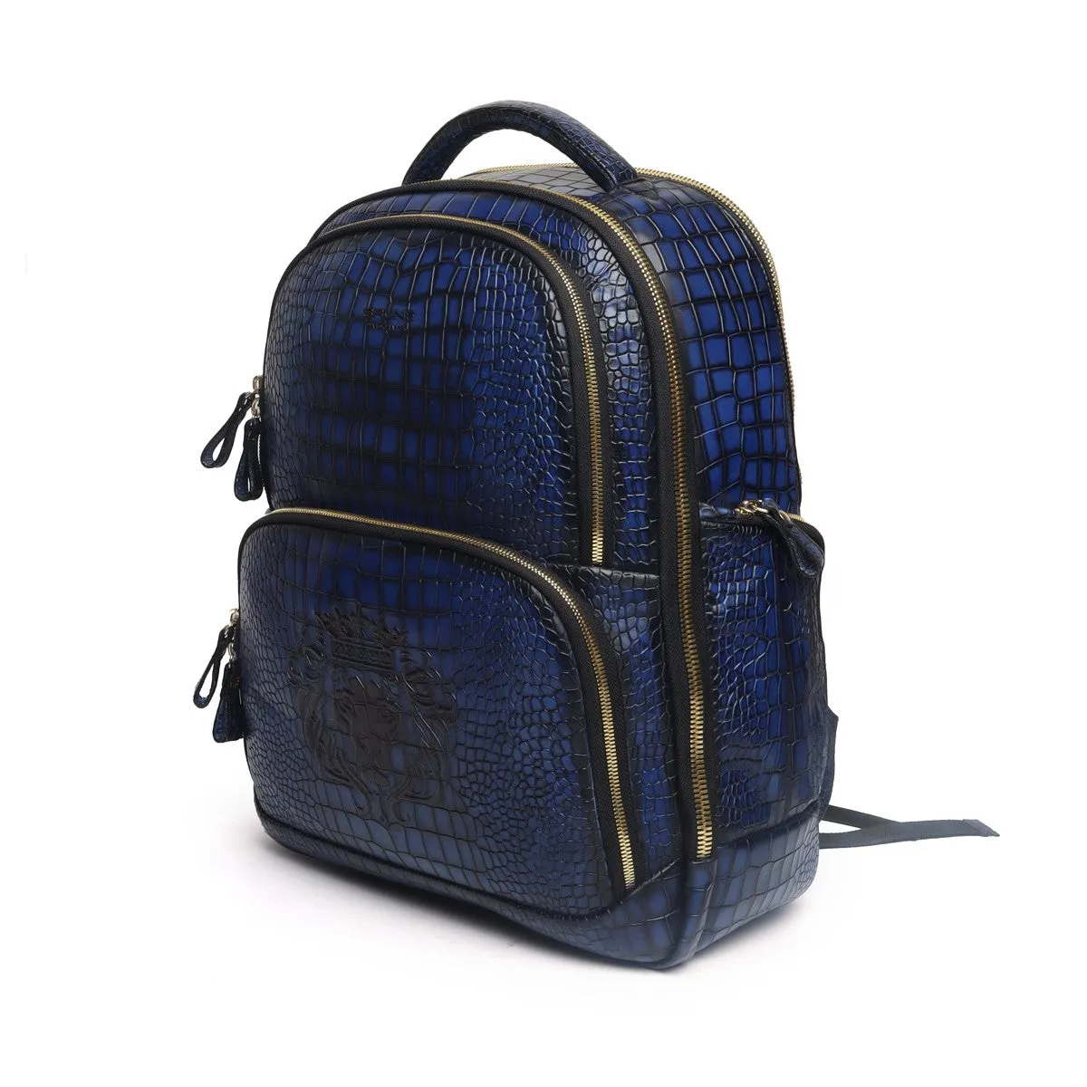 Blue Deep Cut Croco Hand Painted Leather Backpack by Brune & Bareskin