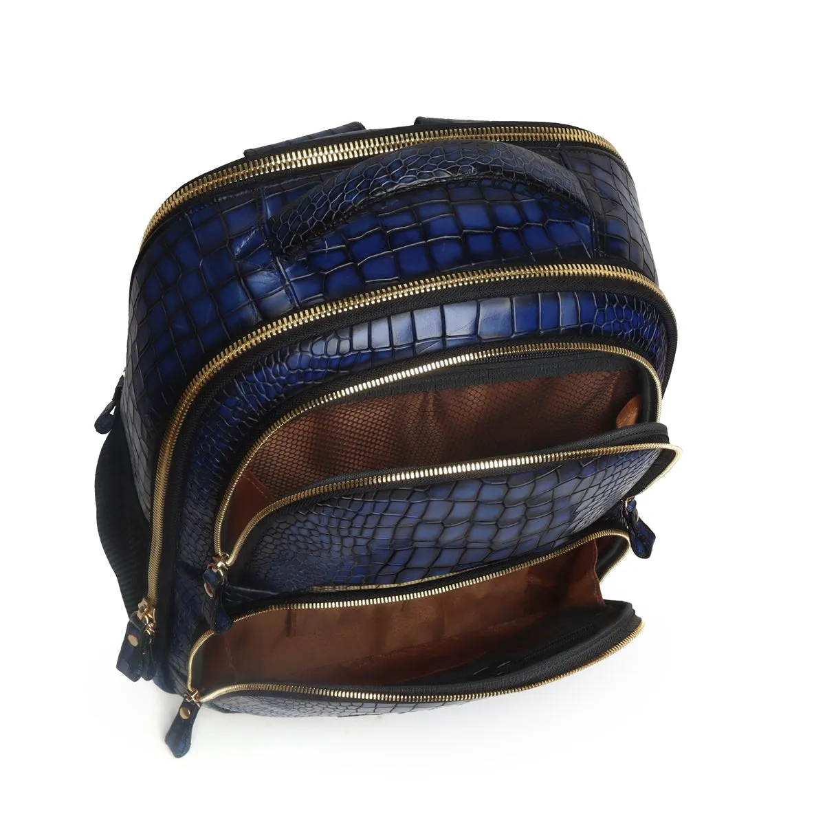 Blue Deep Cut Croco Hand Painted Leather Backpack by Brune & Bareskin