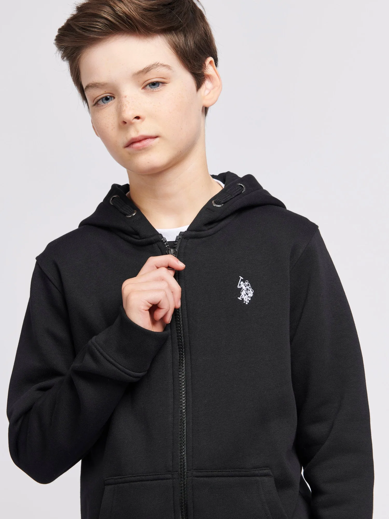 Boys Double Horsemen Zip Hoodie in Black Bright White DHM