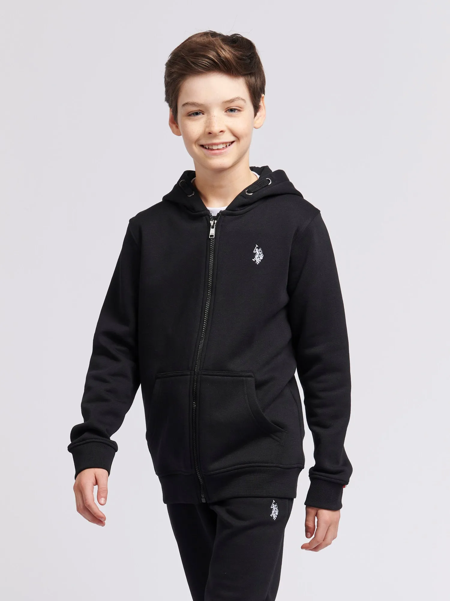 Boys Double Horsemen Zip Hoodie in Black Bright White DHM