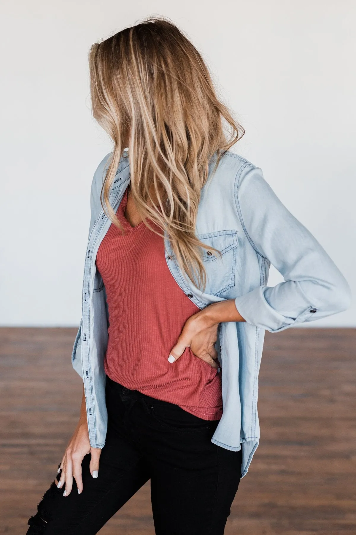 Can't Contain Myself Chambray Top- Light Denim