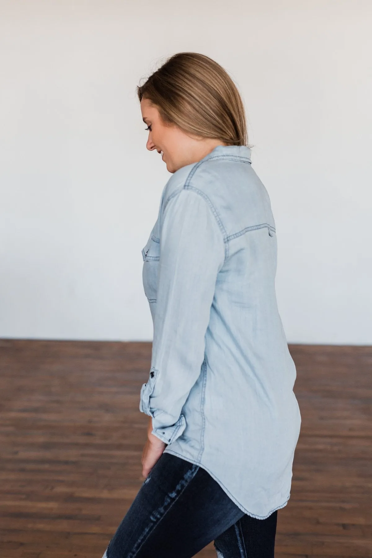 Can't Contain Myself Chambray Top- Light Denim