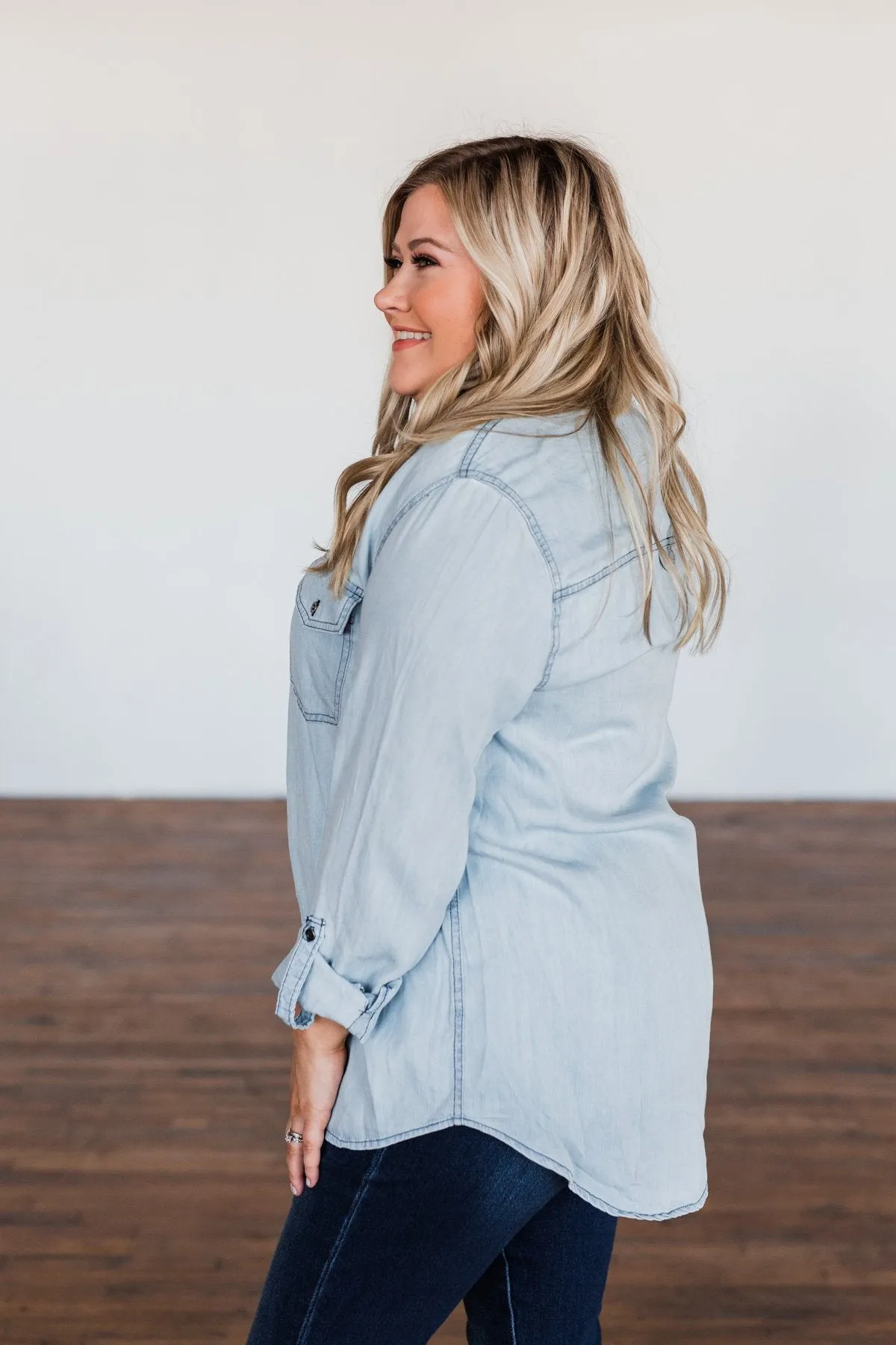 Can't Contain Myself Chambray Top- Light Denim