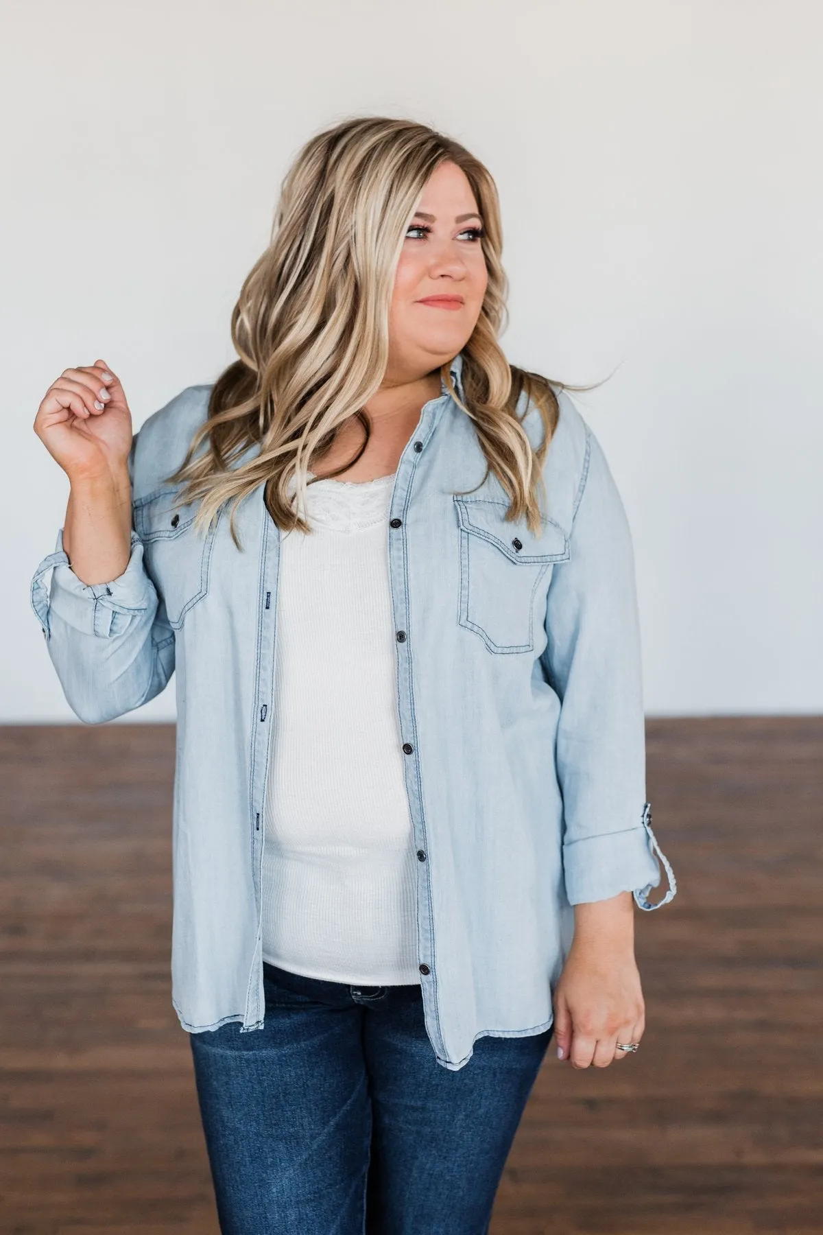 Can't Contain Myself Chambray Top- Light Denim