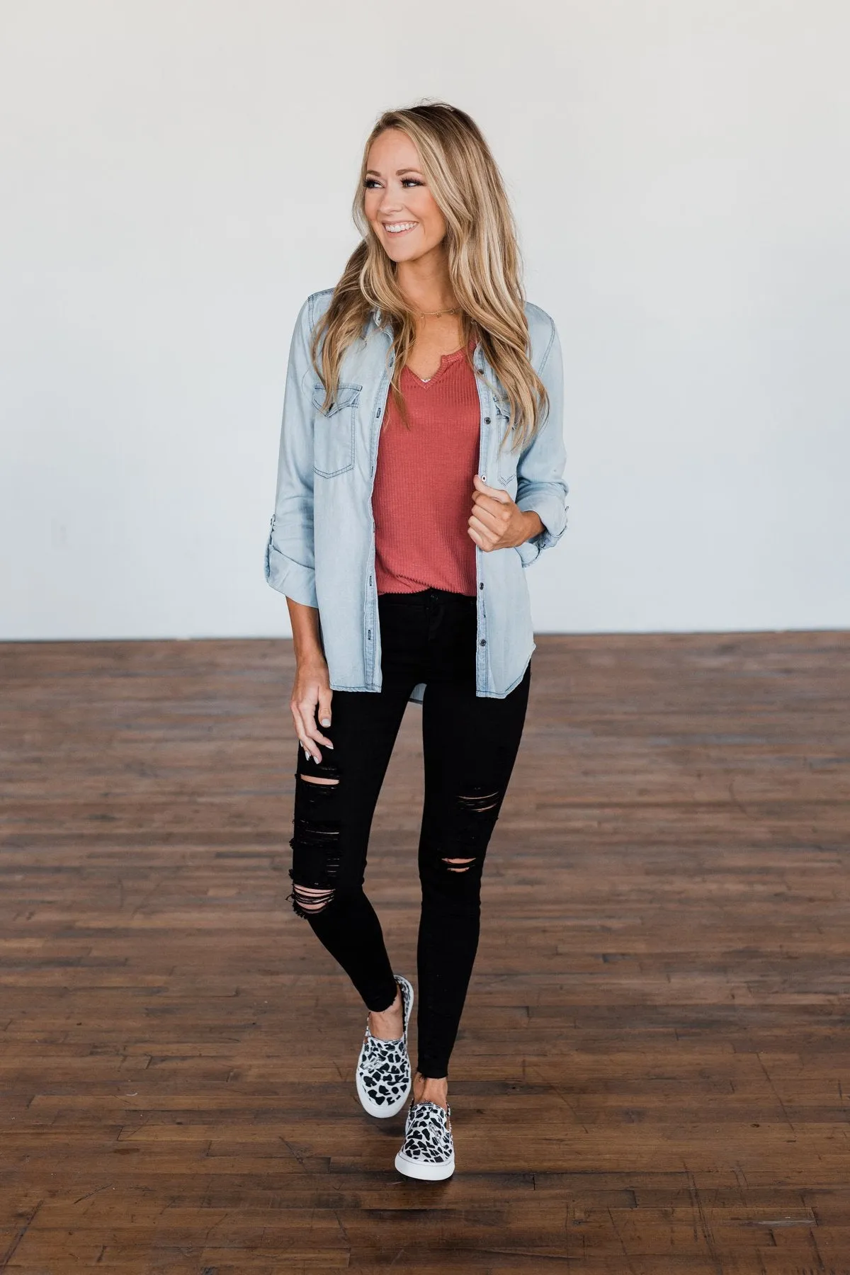 Can't Contain Myself Chambray Top- Light Denim