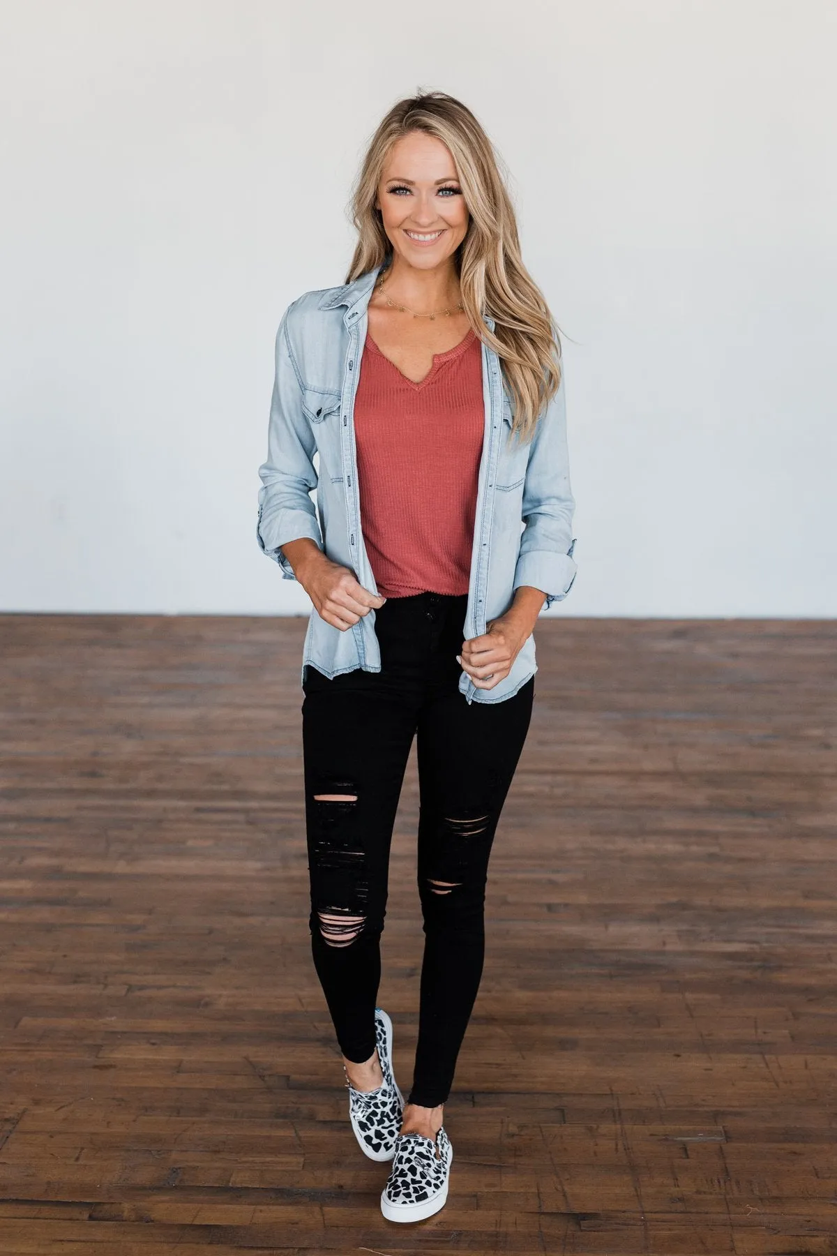 Can't Contain Myself Chambray Top- Light Denim