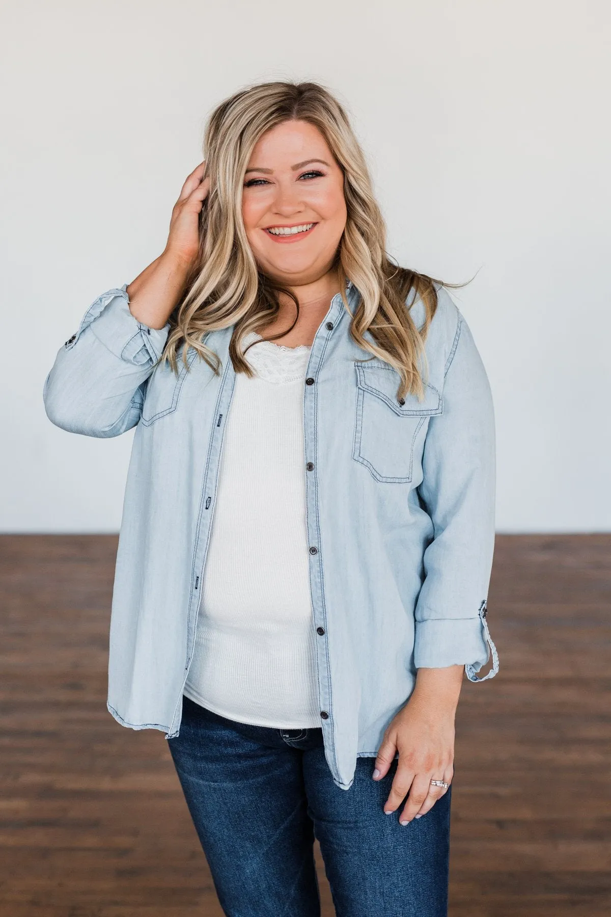 Can't Contain Myself Chambray Top- Light Denim