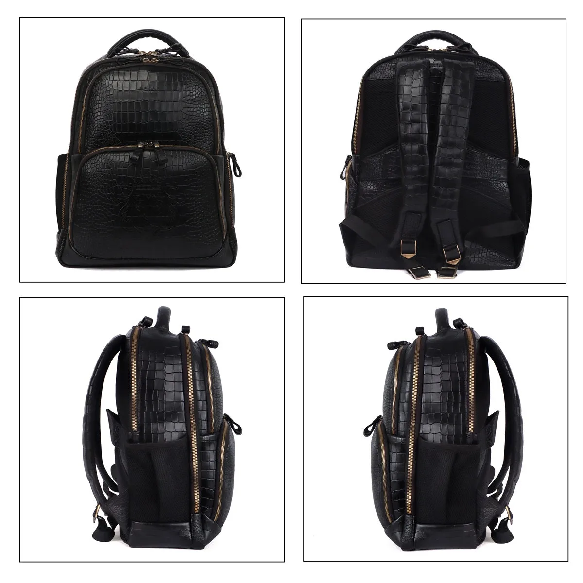 Croco Textured Backpack In Black Leather