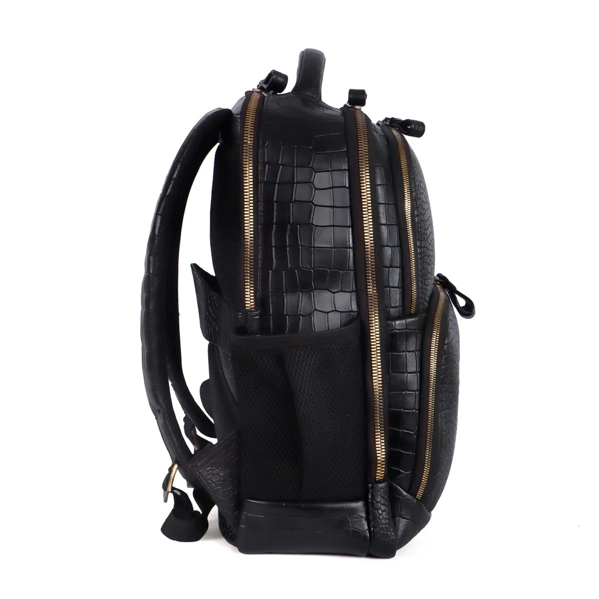 Croco Textured Backpack In Black Leather