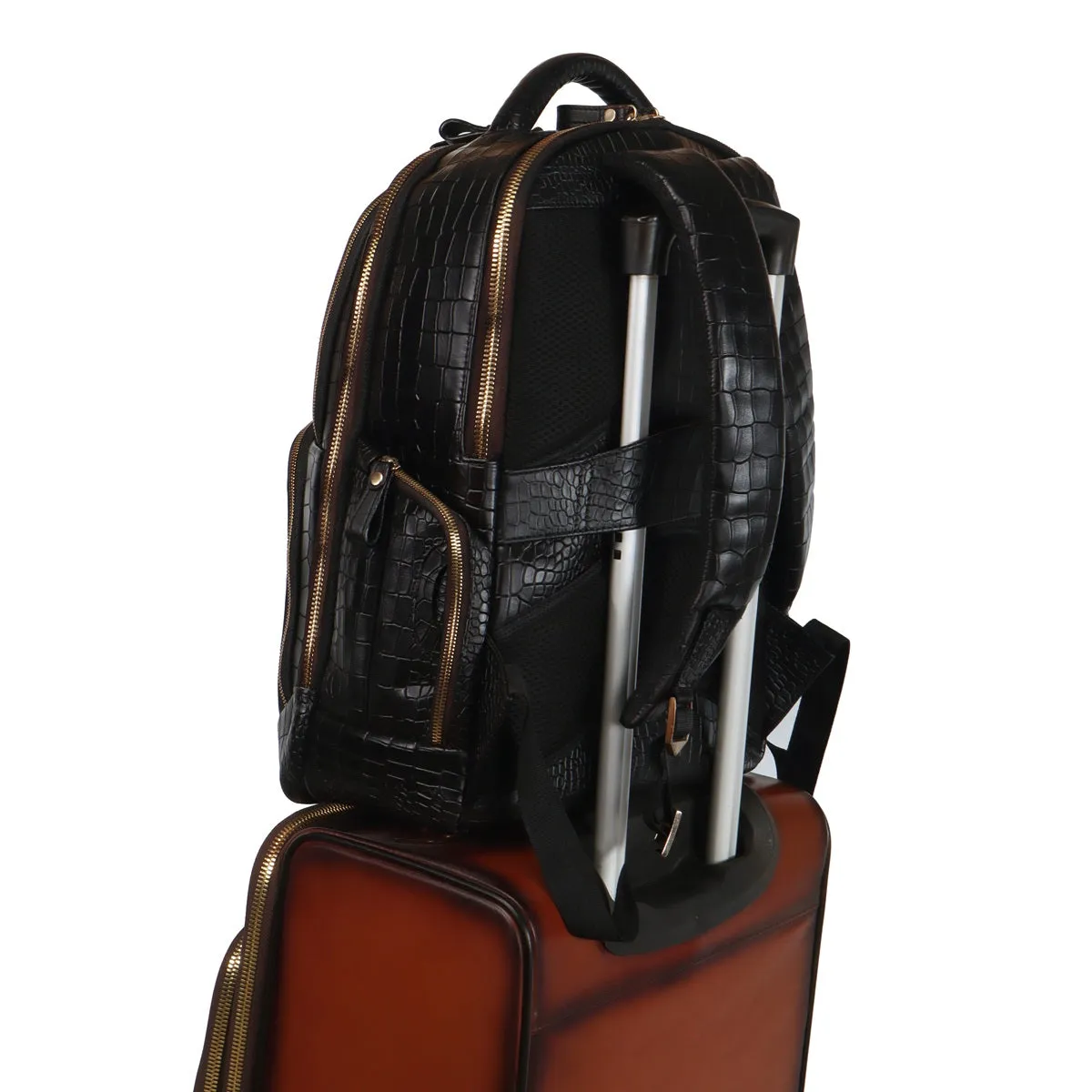 Croco Textured Backpack In Black Leather