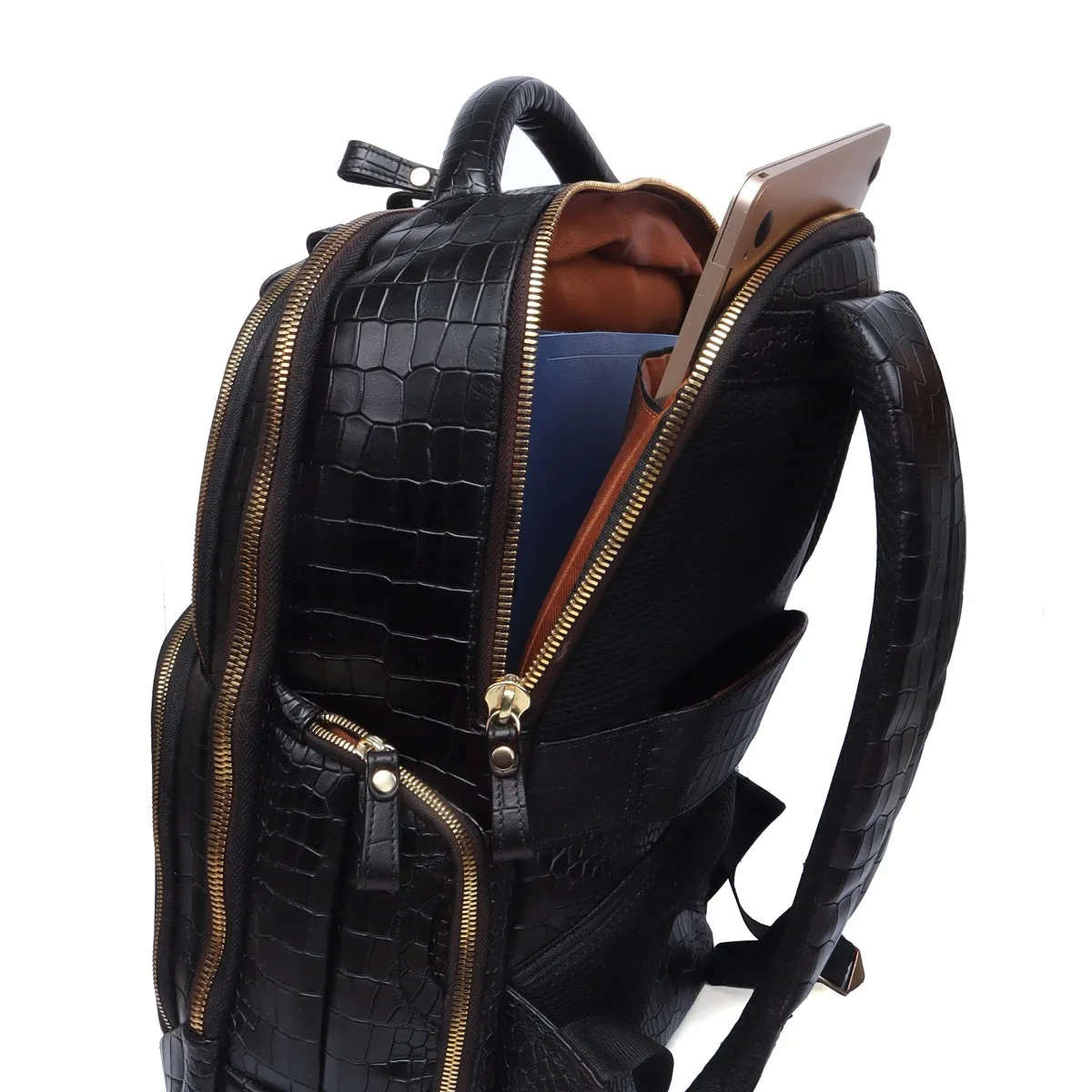 Croco Textured Backpack In Black Leather