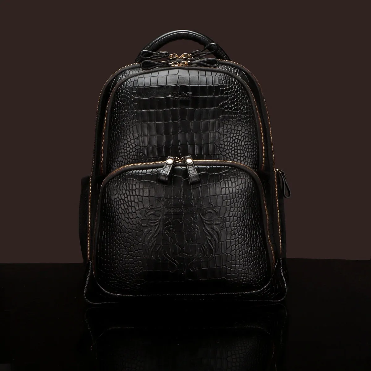 Croco Textured Backpack In Black Leather