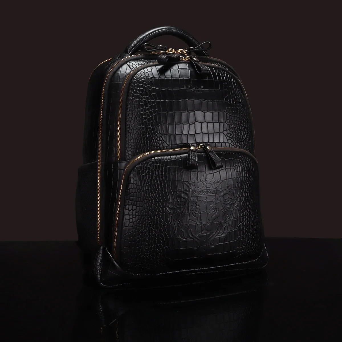 Croco Textured Backpack In Black Leather