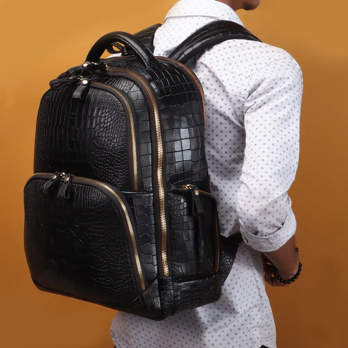 Croco Textured Backpack In Black Leather