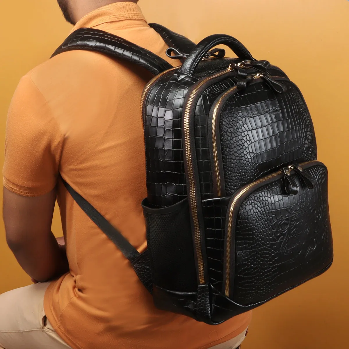 Croco Textured Backpack In Black Leather