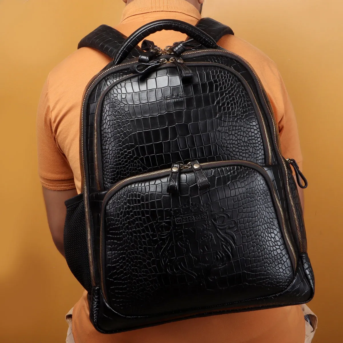 Croco Textured Backpack In Black Leather