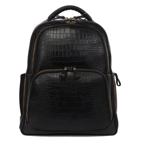 Croco Textured Backpack In Black Leather