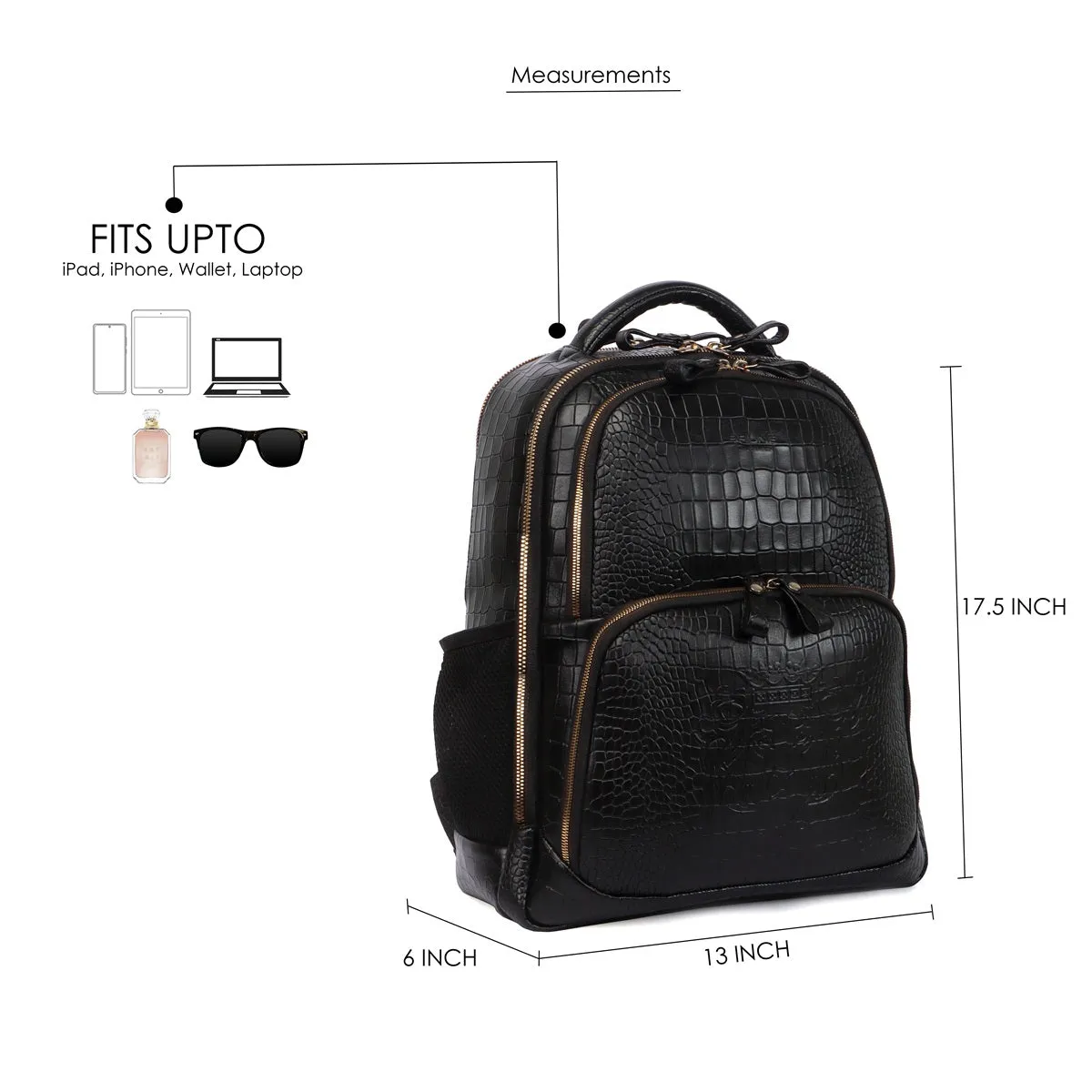 Croco Textured Backpack In Black Leather