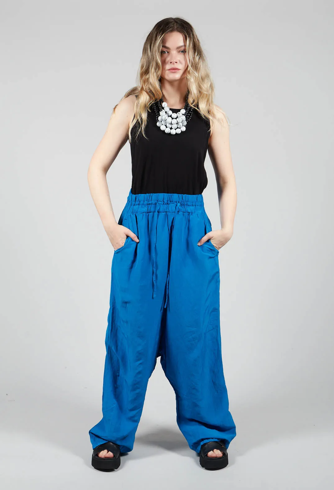 Cropped Linen Drop Crotch Trousers in Blue