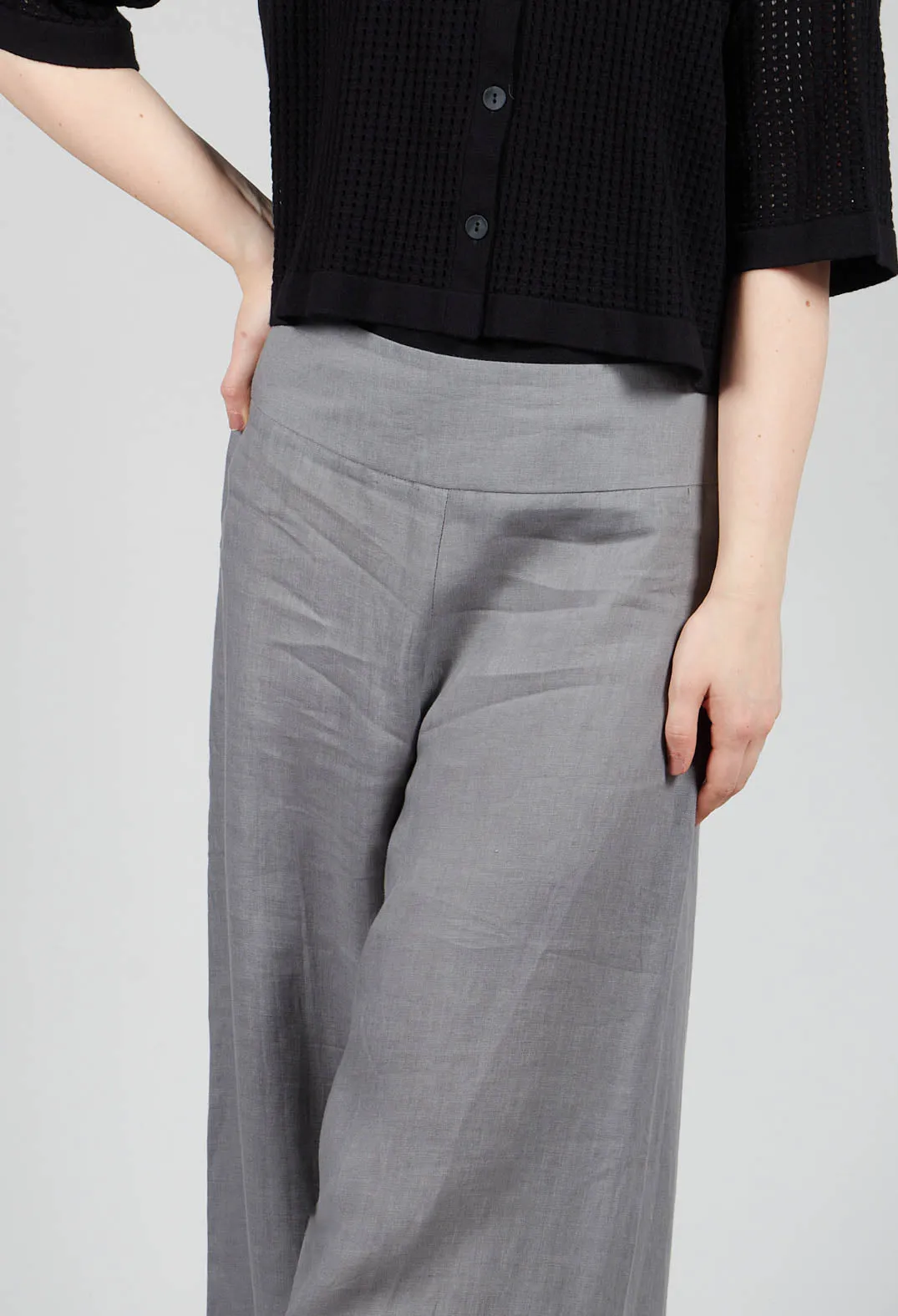 Cropped Wide Leg Linen Trousers in Grey