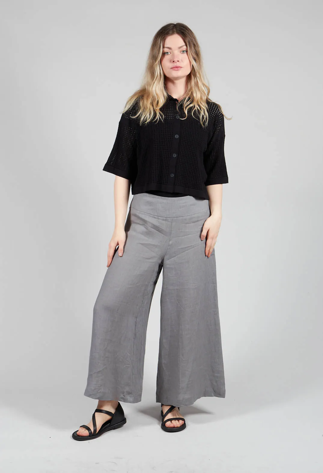 Cropped Wide Leg Linen Trousers in Grey