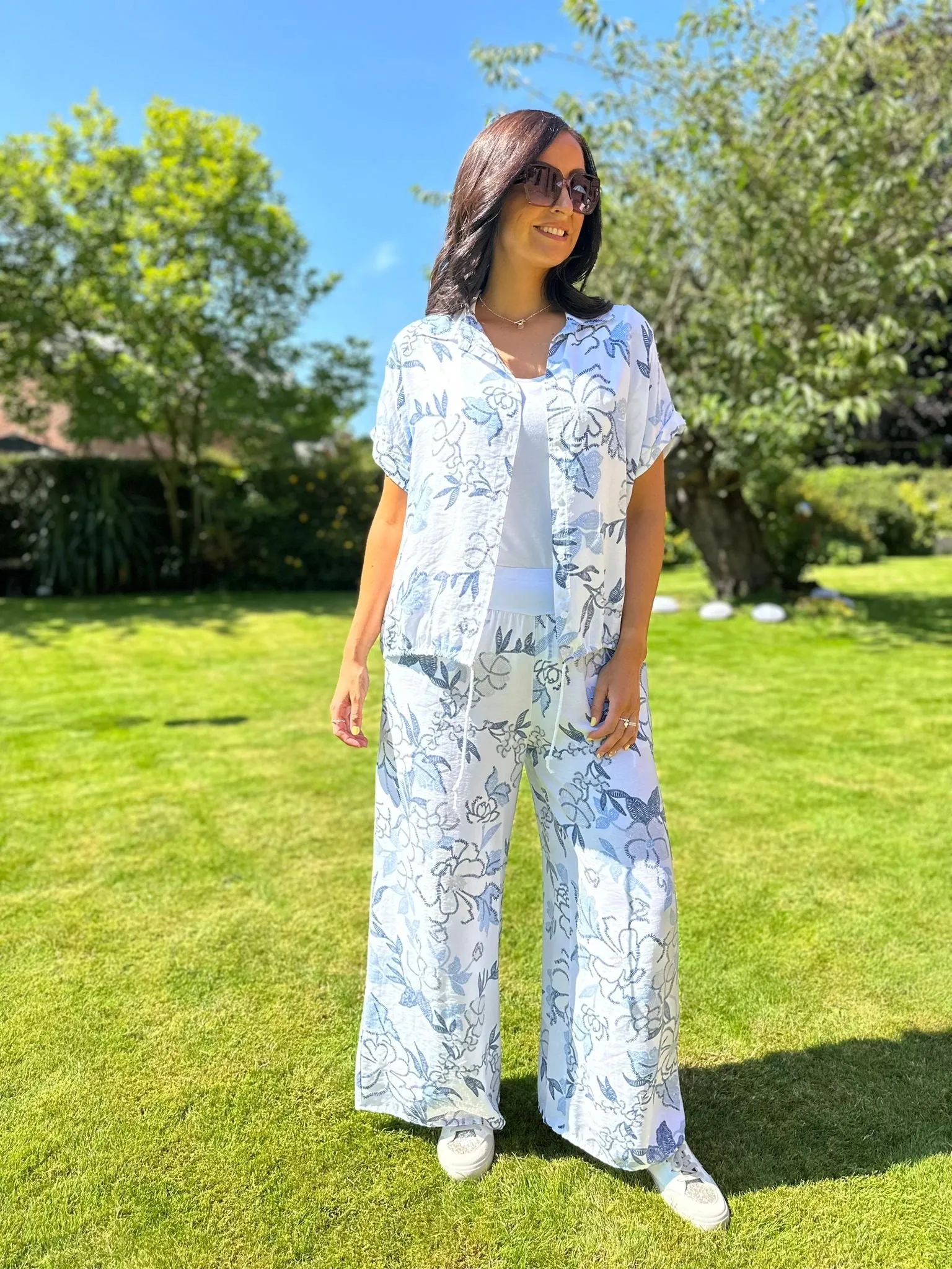 Denim & White Relaxed Floral Wide Leg Trousers