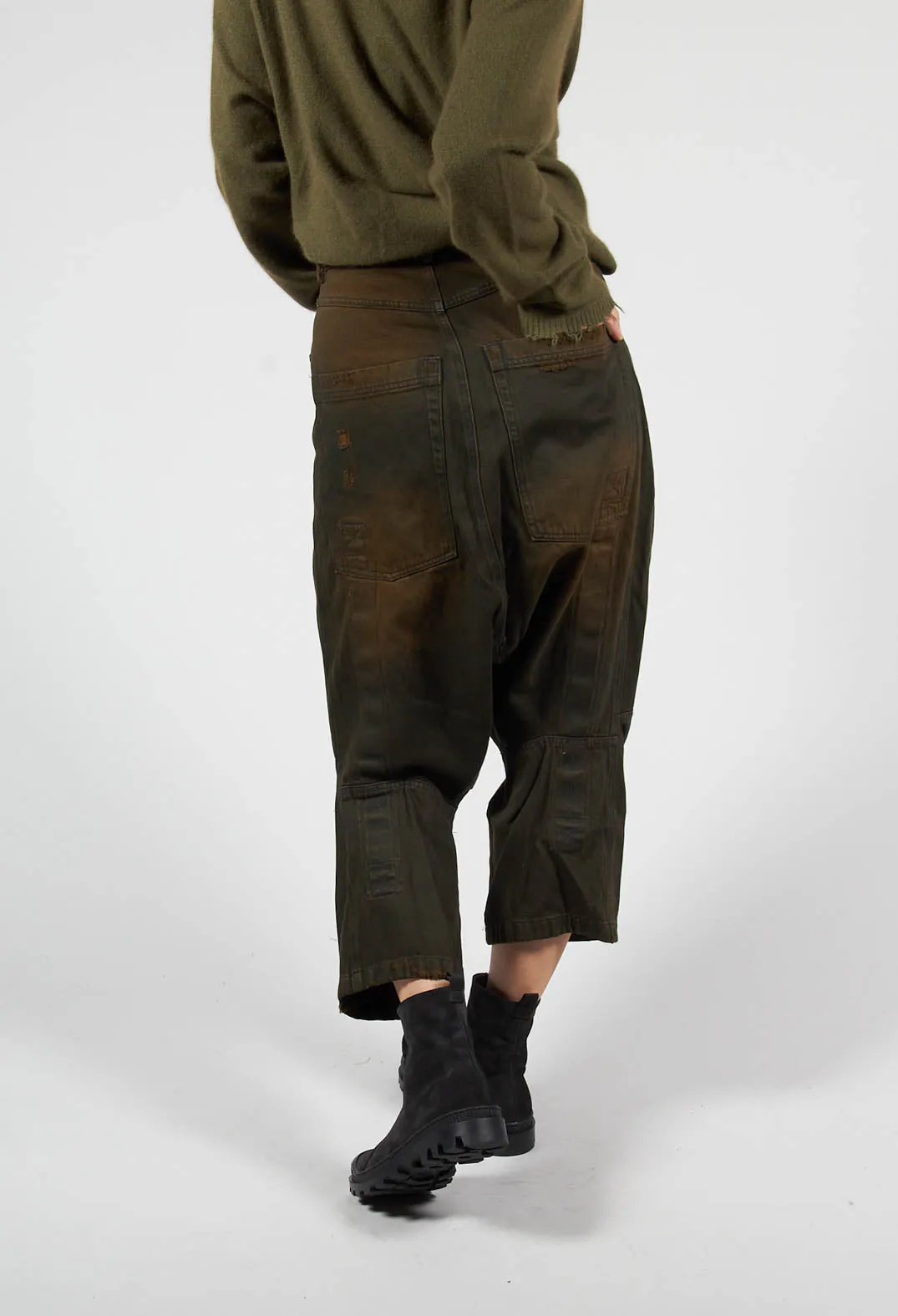 Drop Crotch Cropped Leg Trousers in Khaki