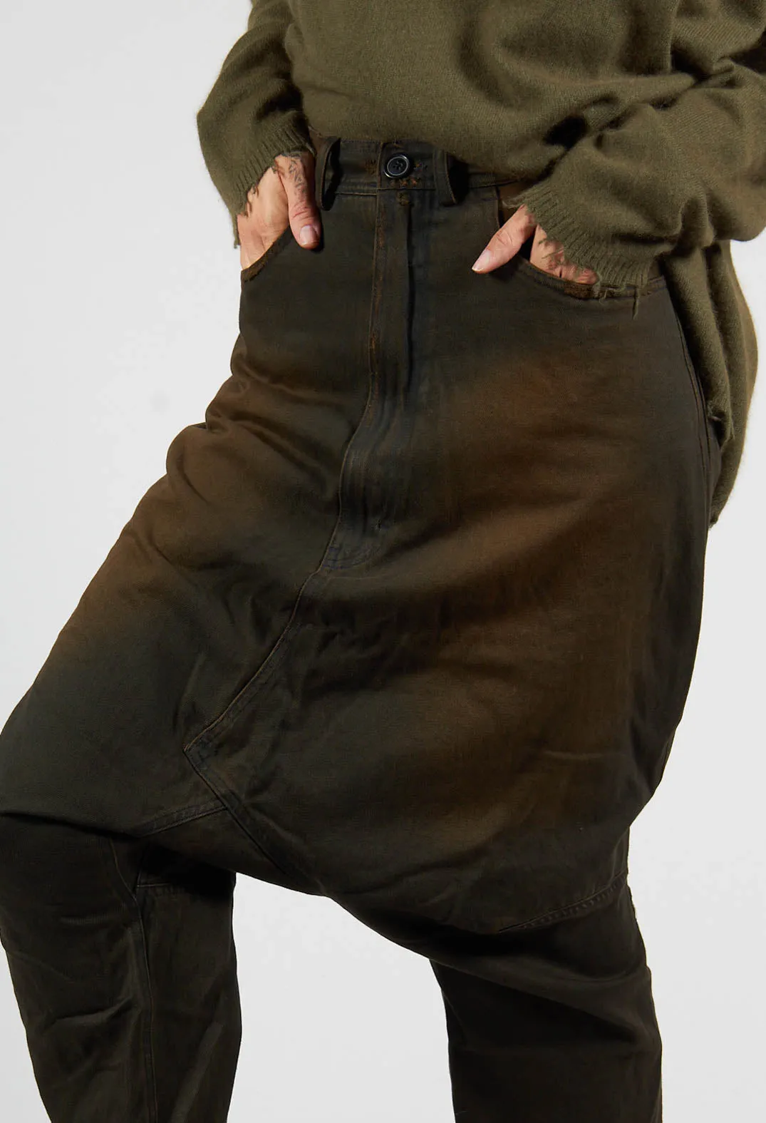 Drop Crotch Cropped Leg Trousers in Khaki