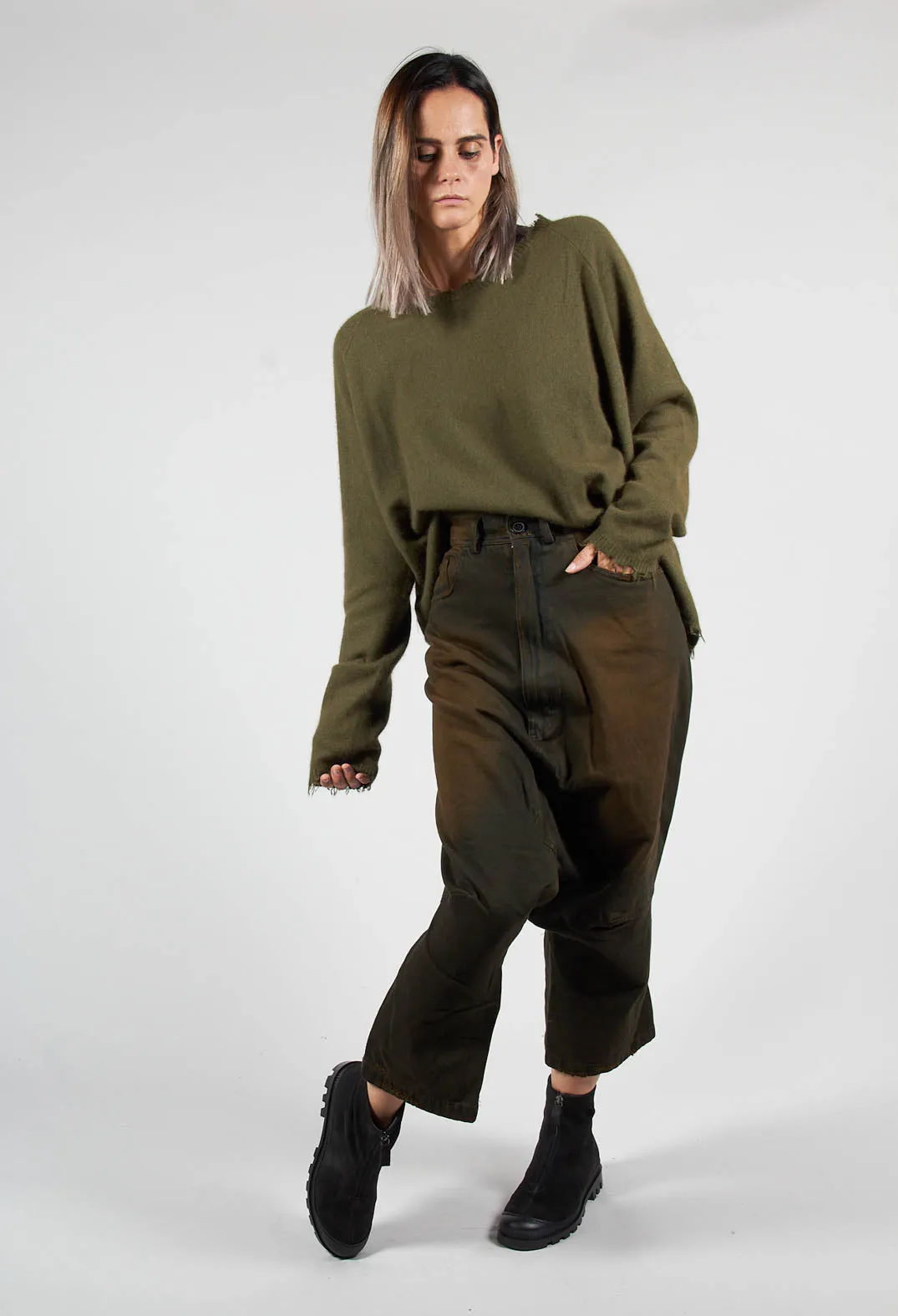 Drop Crotch Cropped Leg Trousers in Khaki