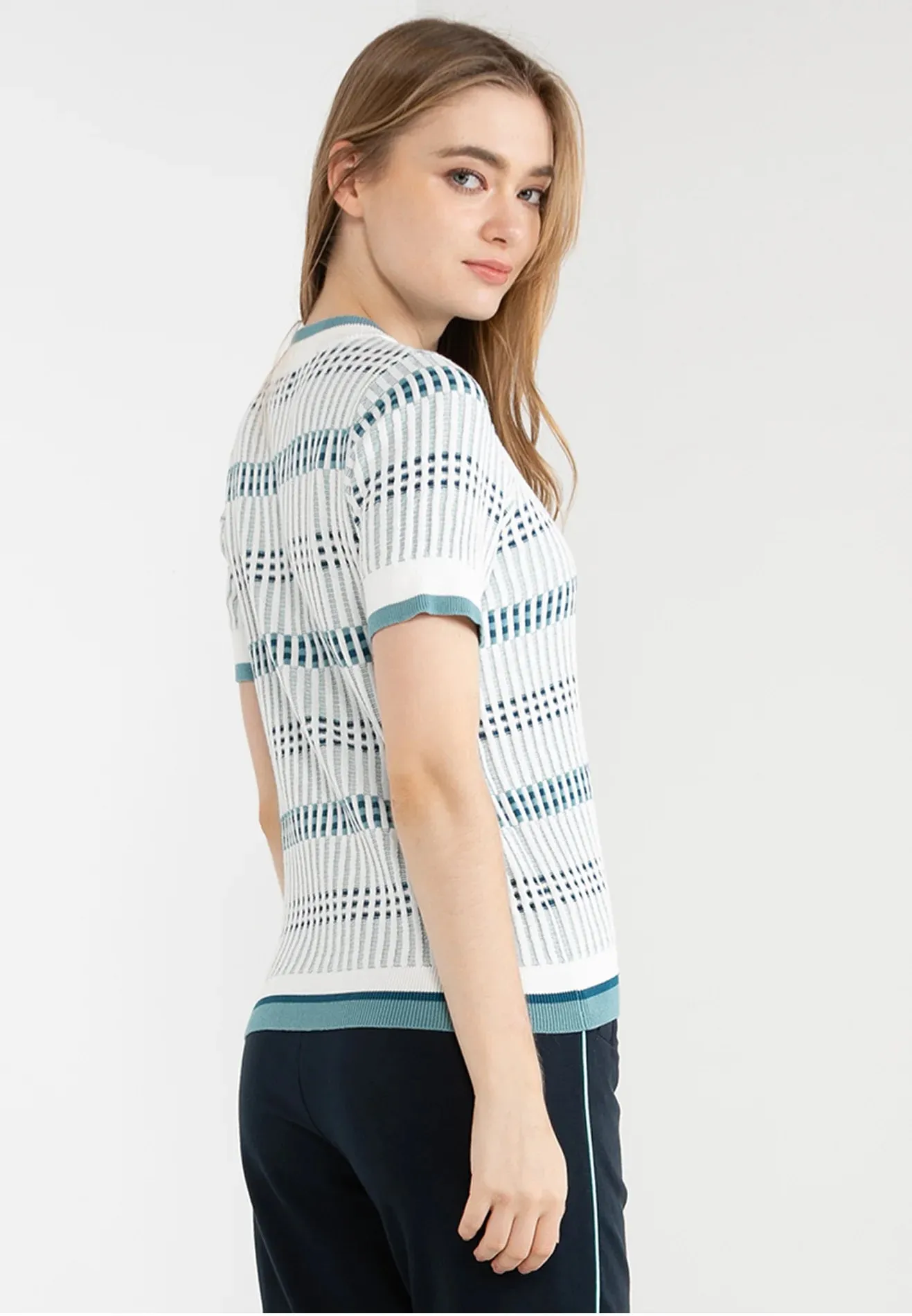 ELLE Active Round Neck Checkered Knitted Top