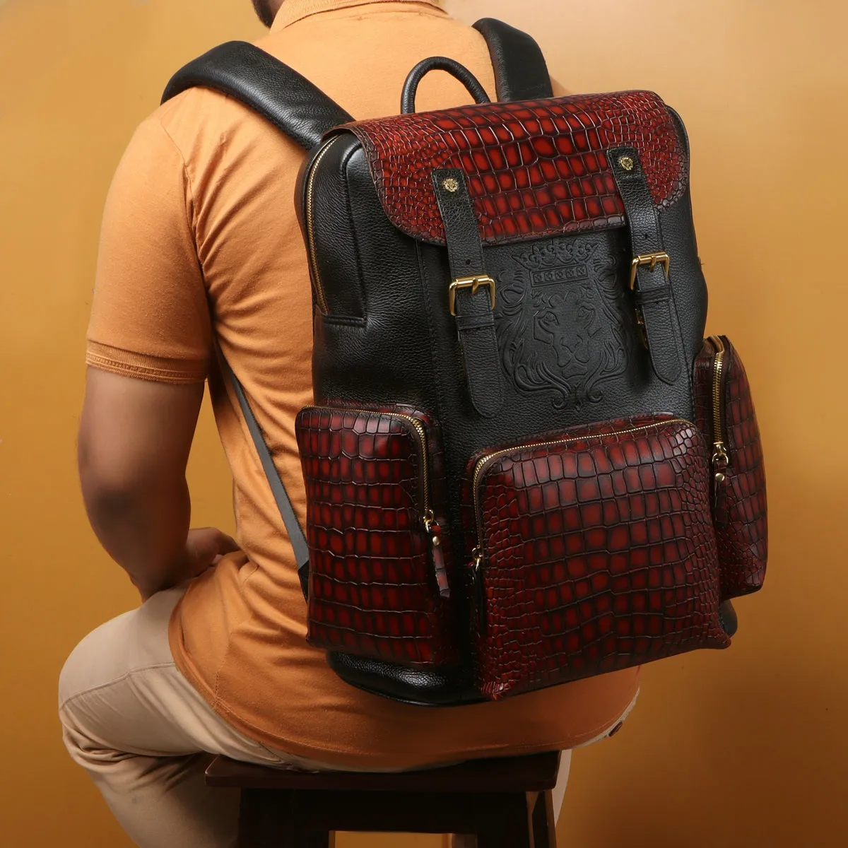 Flap-Over Smokey Backpack In Tan & Black Croco Textured Leather