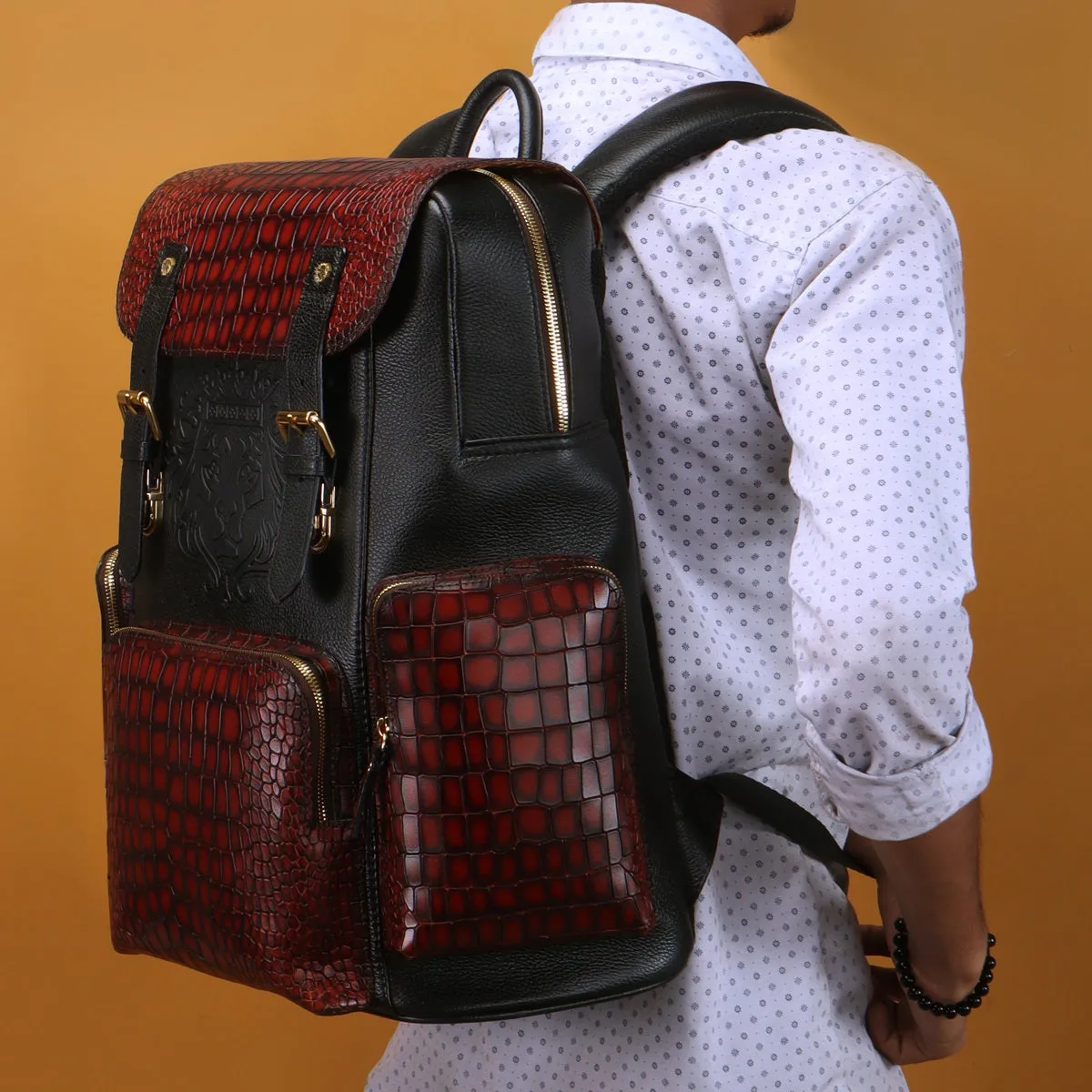 Flap-Over Smokey Backpack In Tan & Black Croco Textured Leather