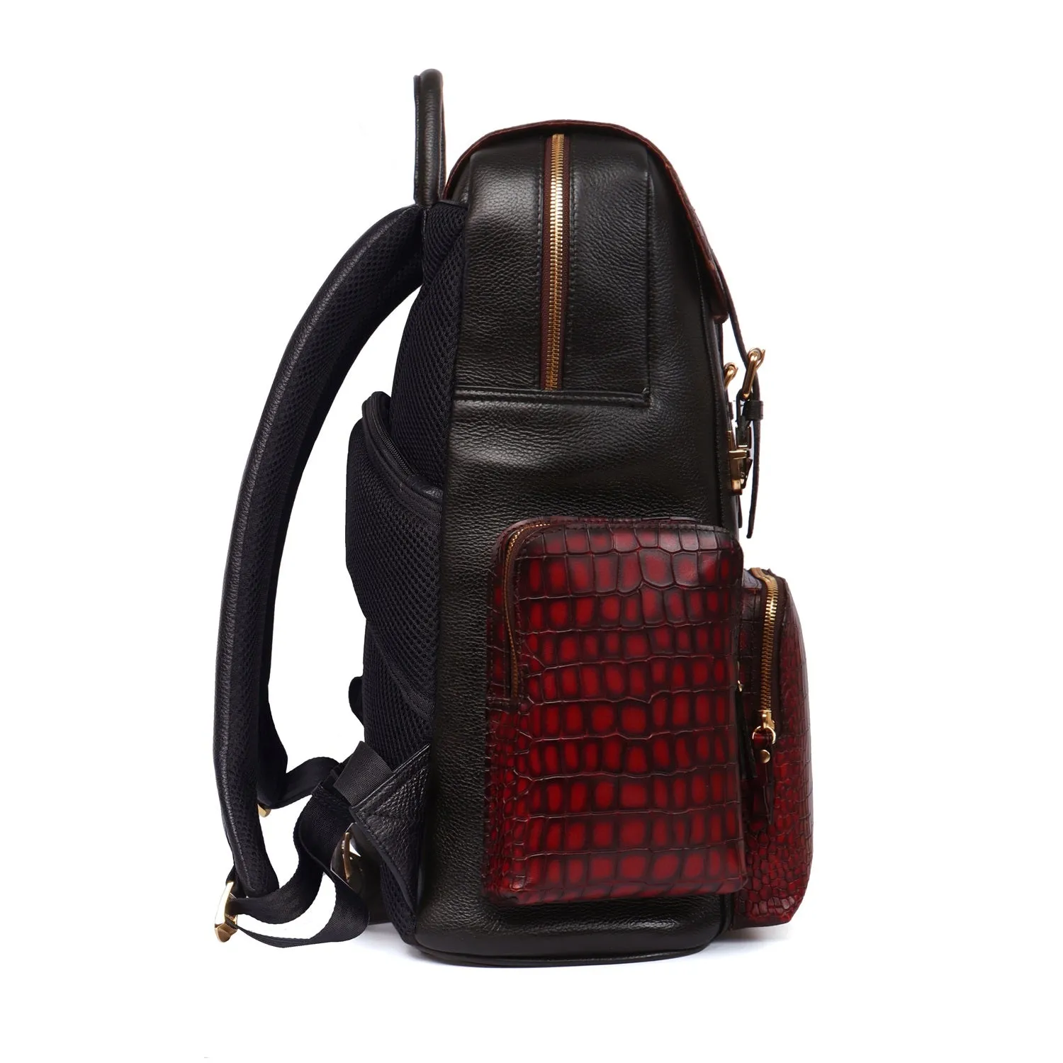 Flap-Over Smokey Backpack In Tan & Black Croco Textured Leather