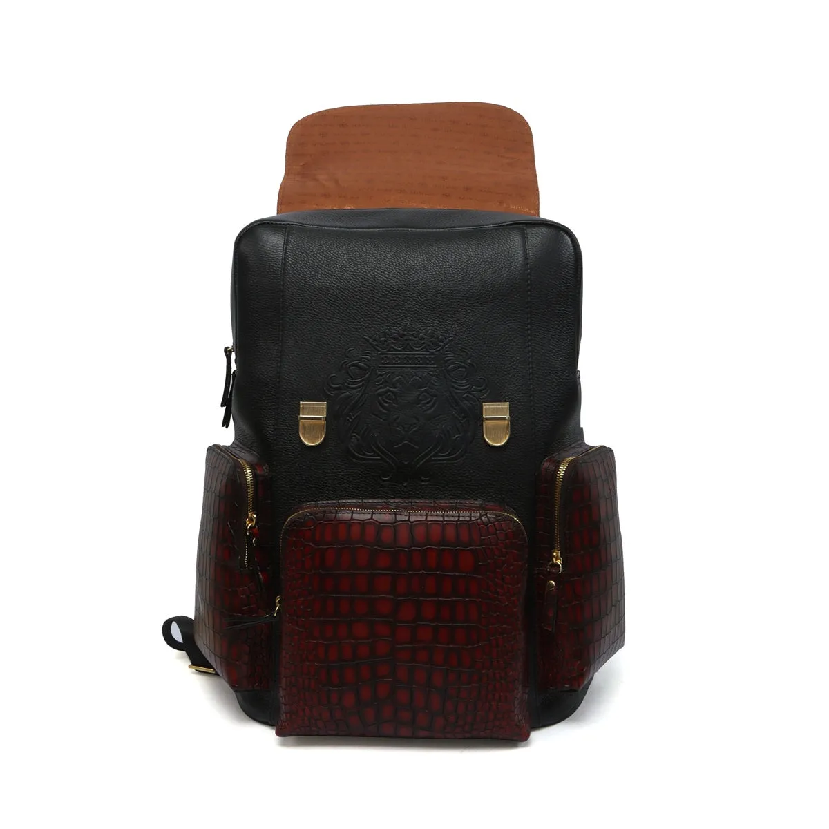 Flap-Over Smokey Backpack In Tan & Black Croco Textured Leather