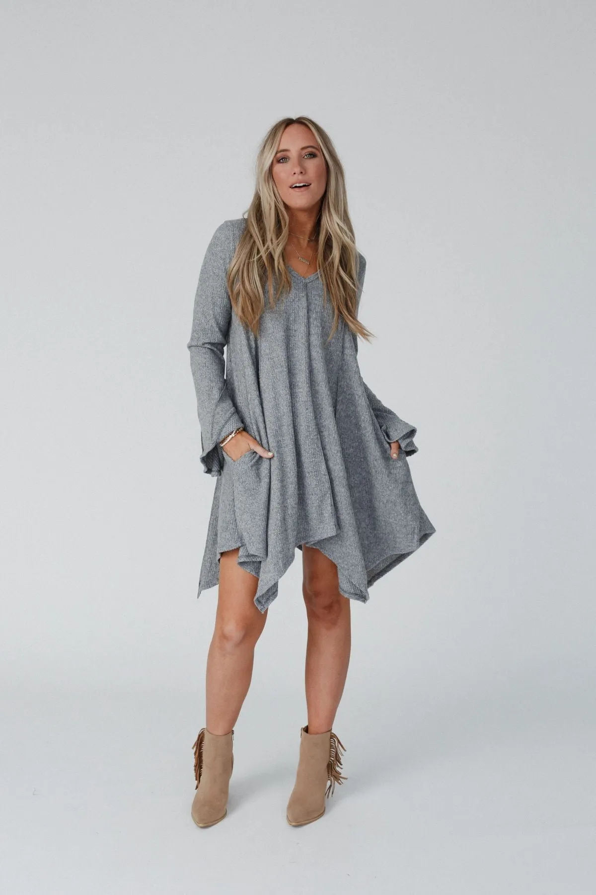 Golden Hour Long Bell Sleeve Tunic Dress - Heather Grey