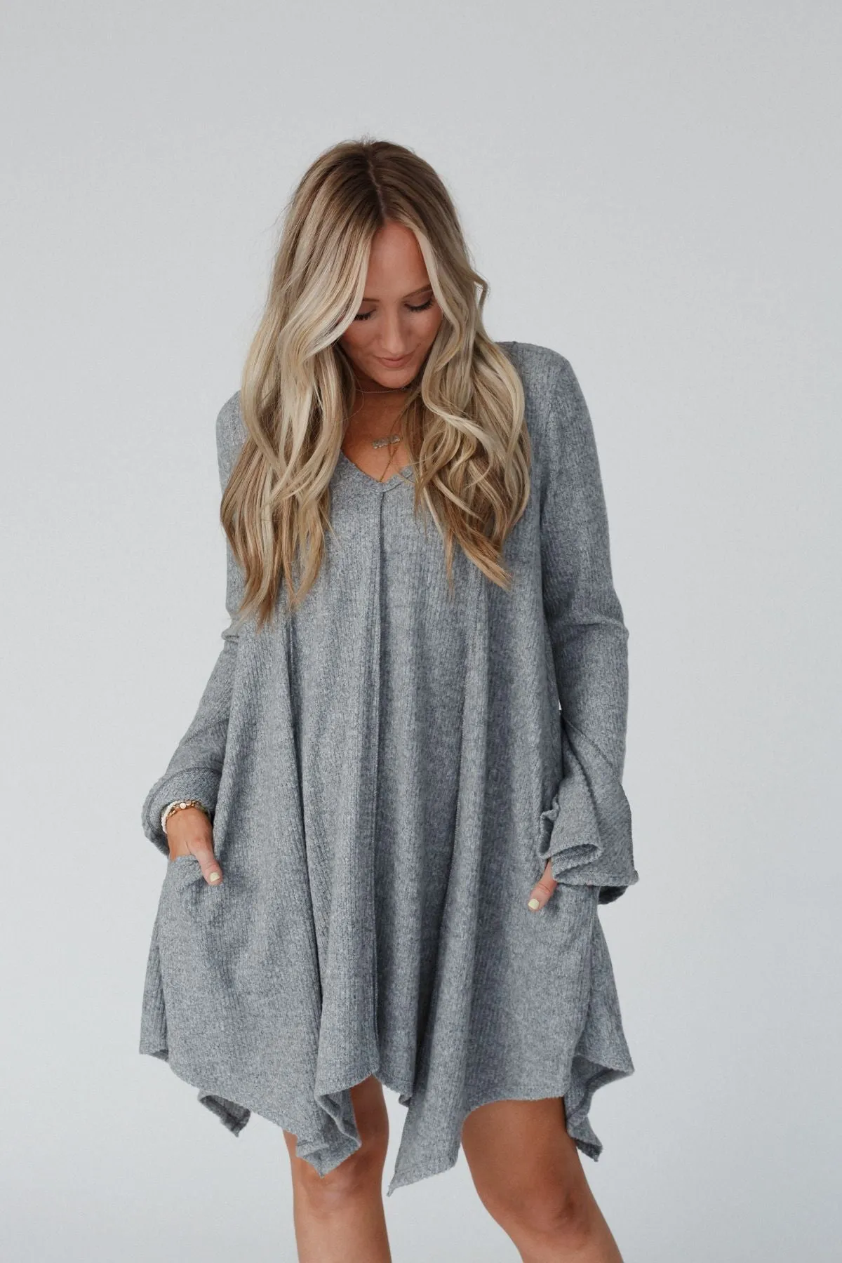 Golden Hour Long Bell Sleeve Tunic Dress - Heather Grey