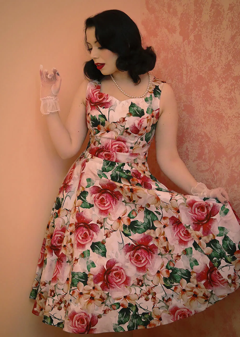 Hearts & Roses Gracie Floral 50's Swing Dress Off White