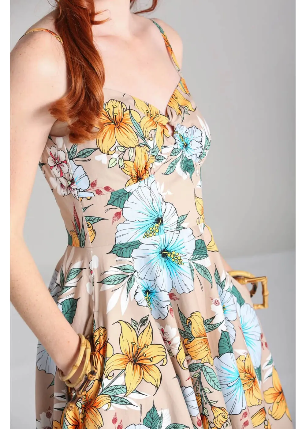 Hell Bunny Pattaya Floral 50's Swing Dress Beige