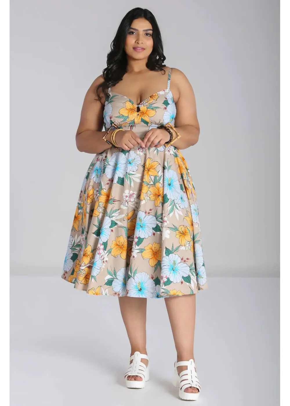 Hell Bunny Pattaya Floral 50's Swing Dress Beige