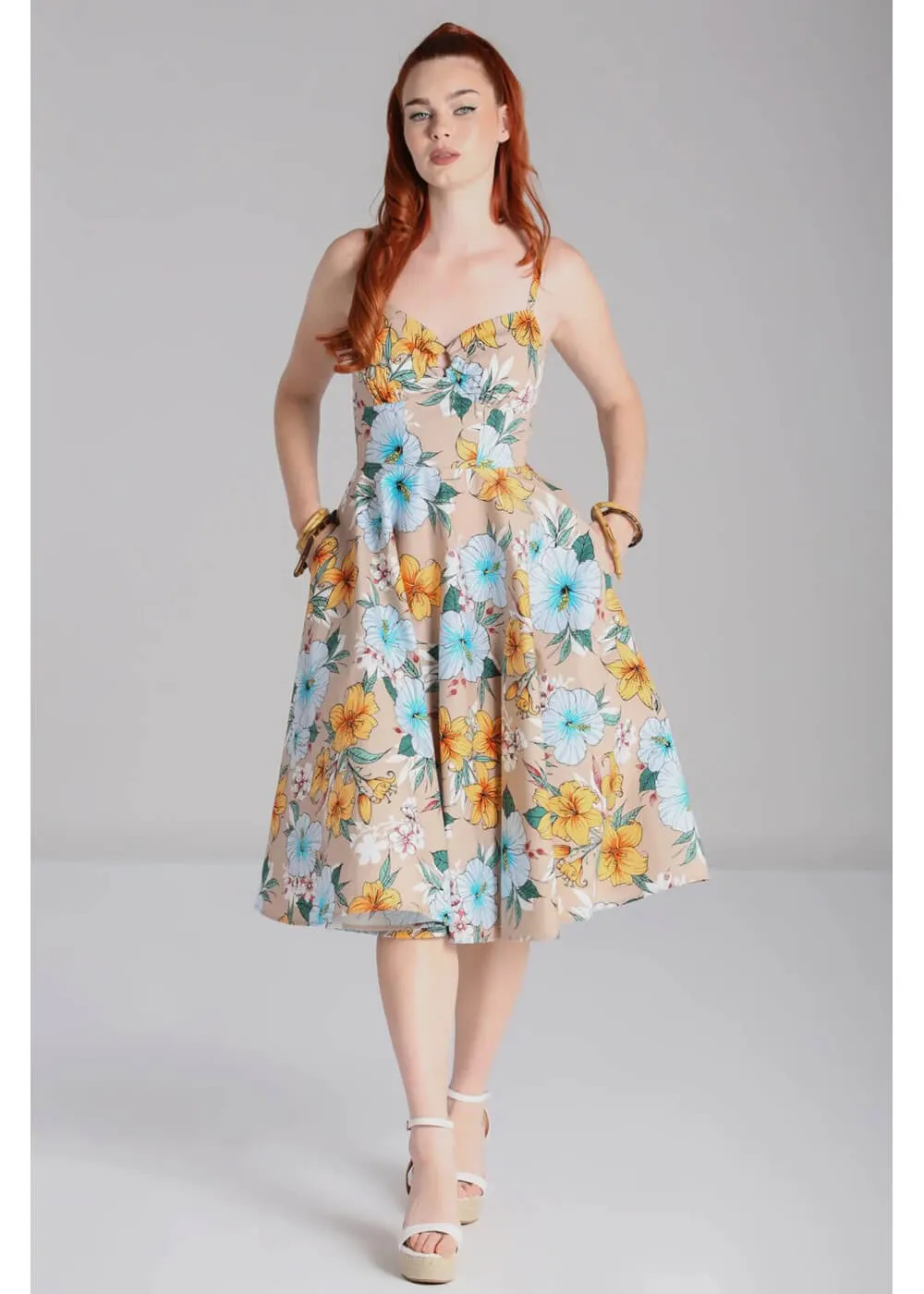 Hell Bunny Pattaya Floral 50's Swing Dress Beige