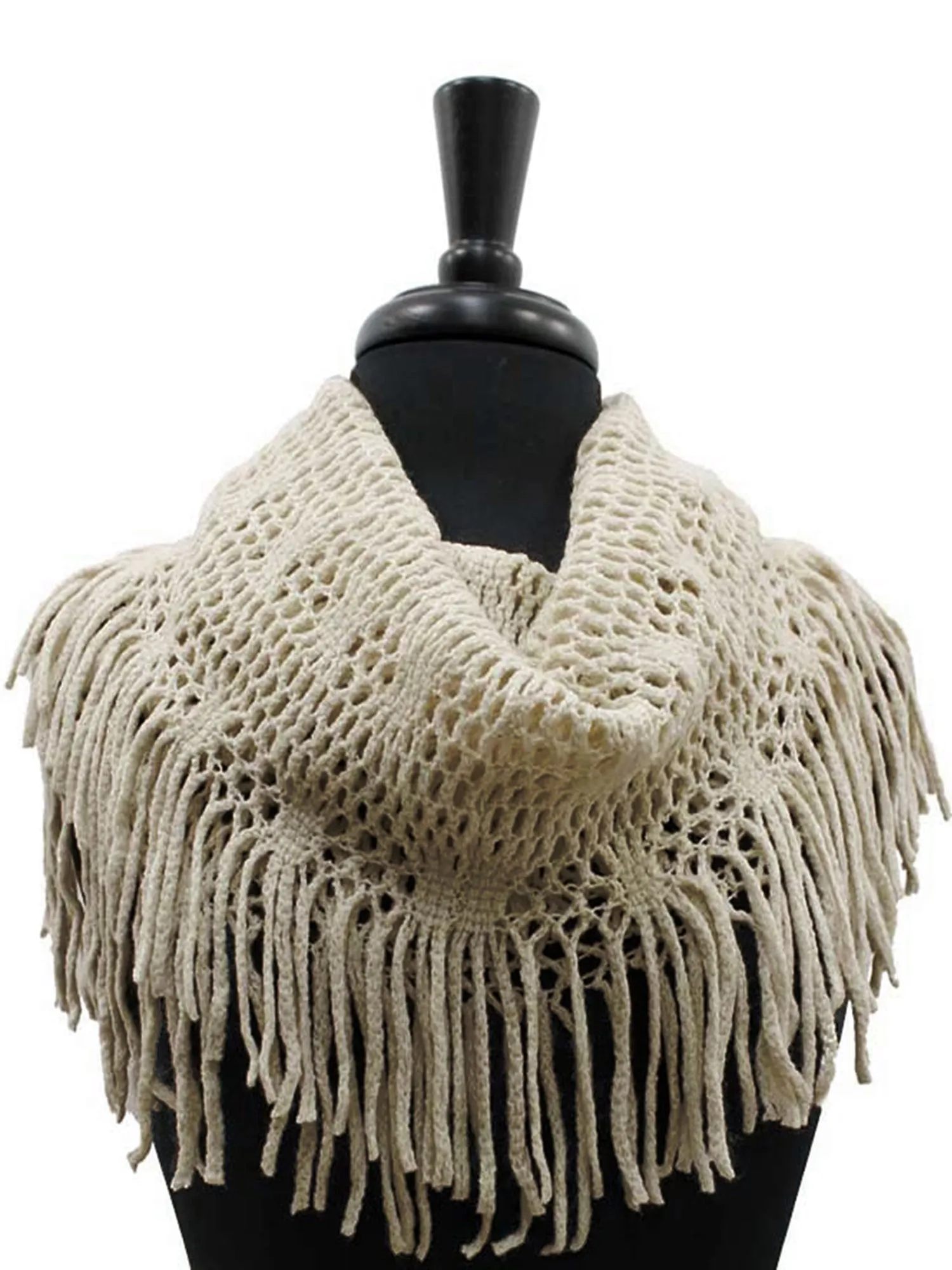 Ivory White Open Knit Infinity Scarf With Fringe