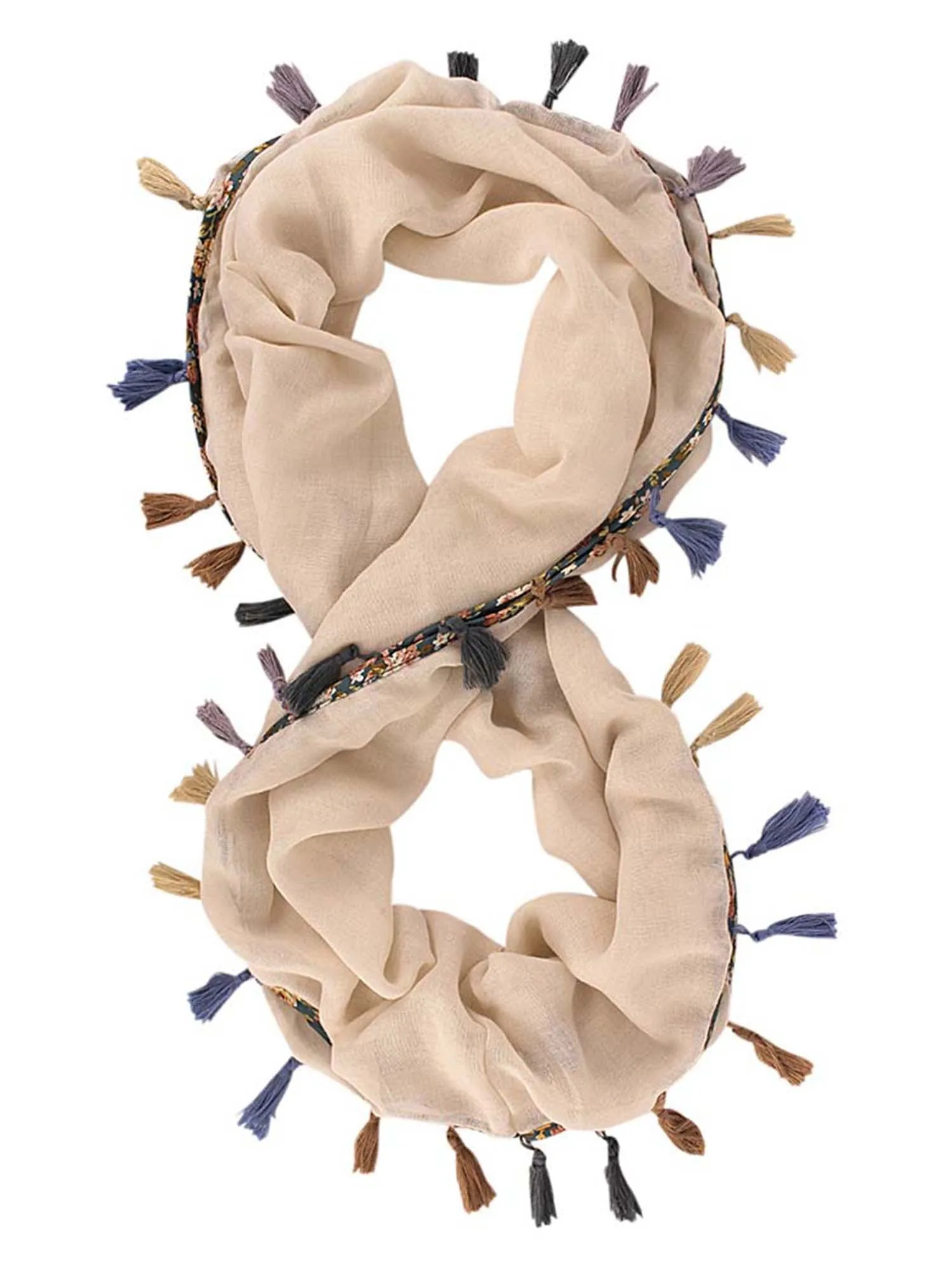 Jersey Knit Circle Scarf With Multicolor Tassels