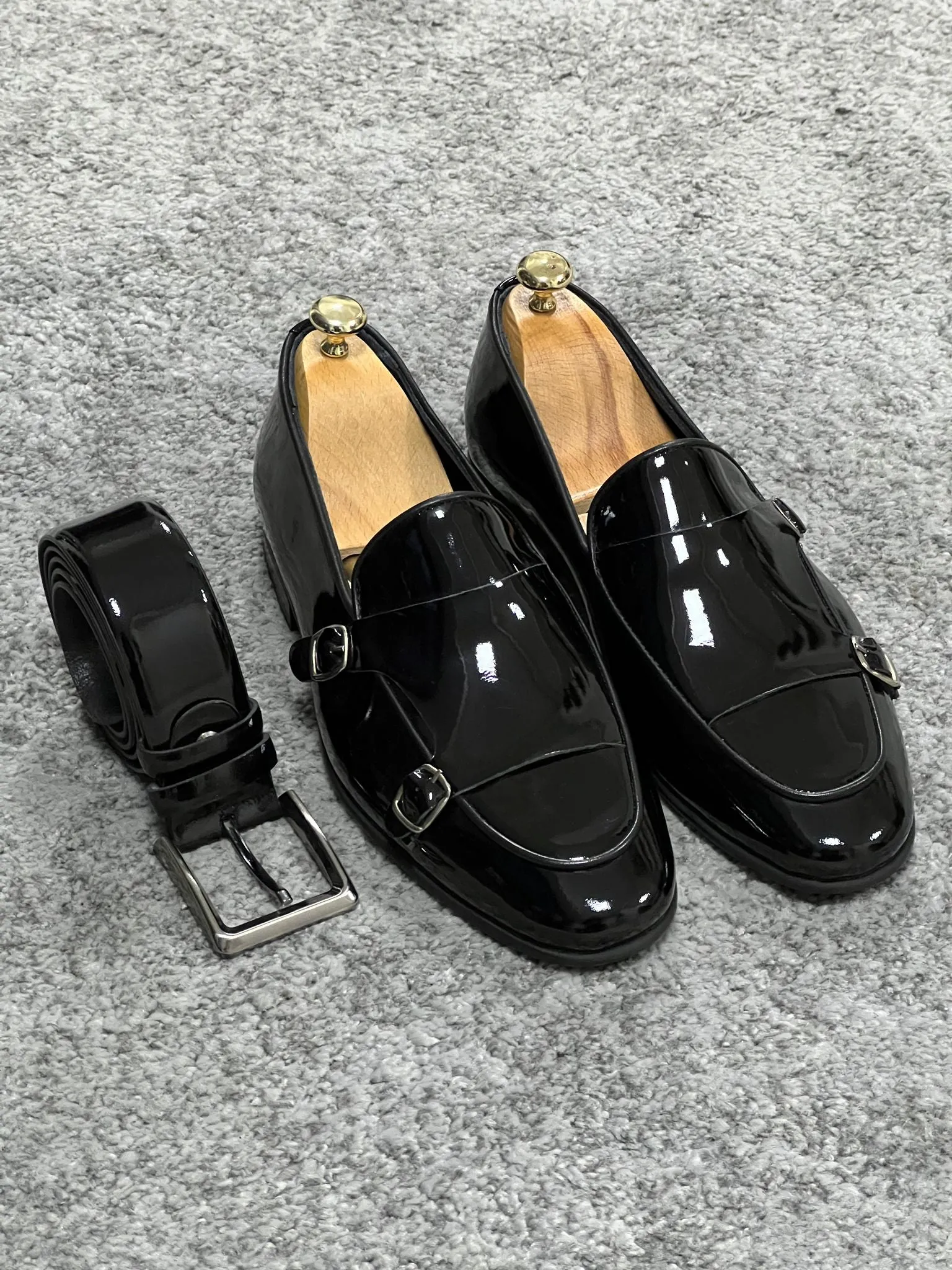 Lenzi Special Edition Neolite Sole Double Monk Shiney Leather Black Shoes