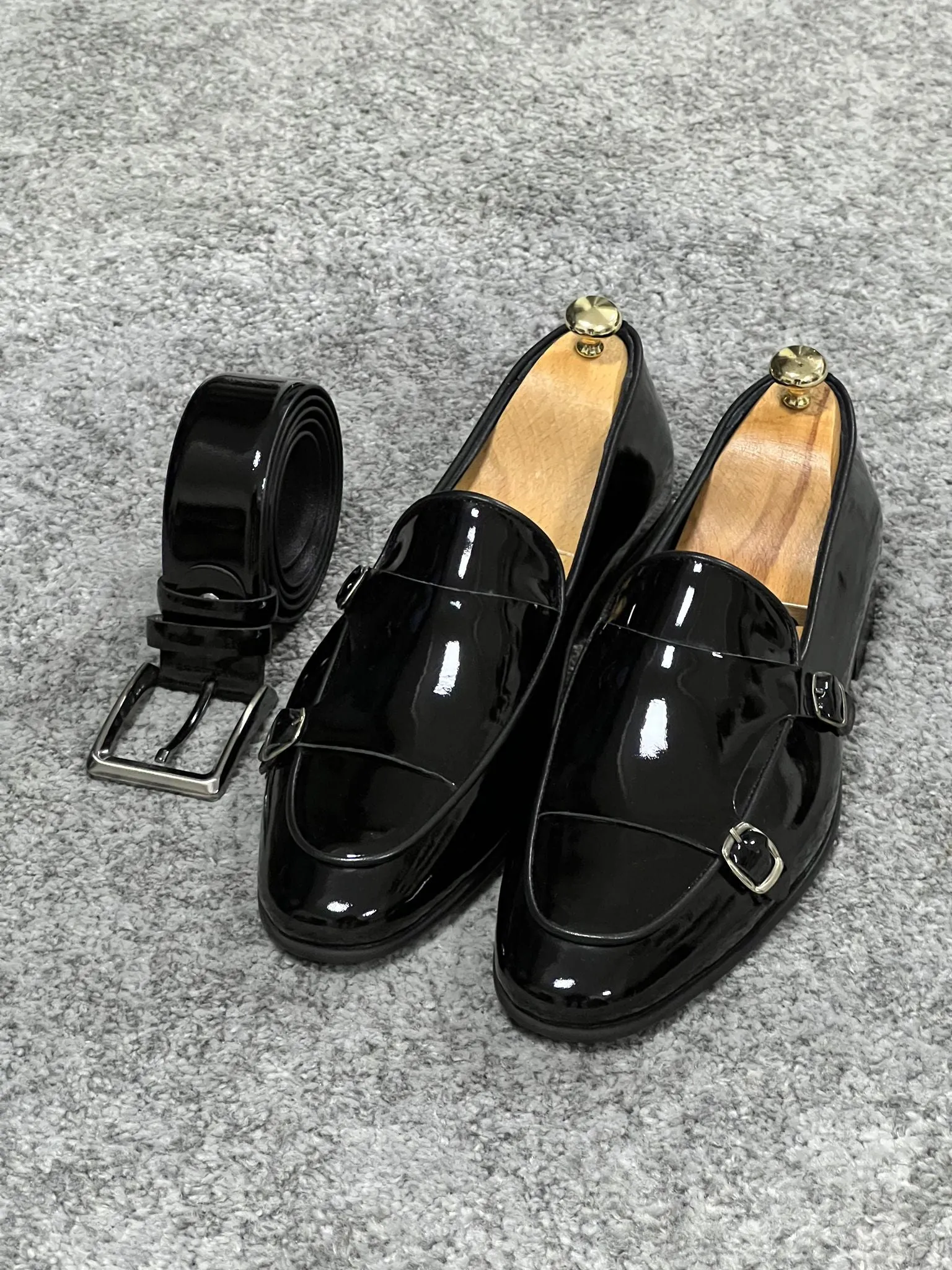 Lenzi Special Edition Neolite Sole Double Monk Shiney Leather Black Shoes