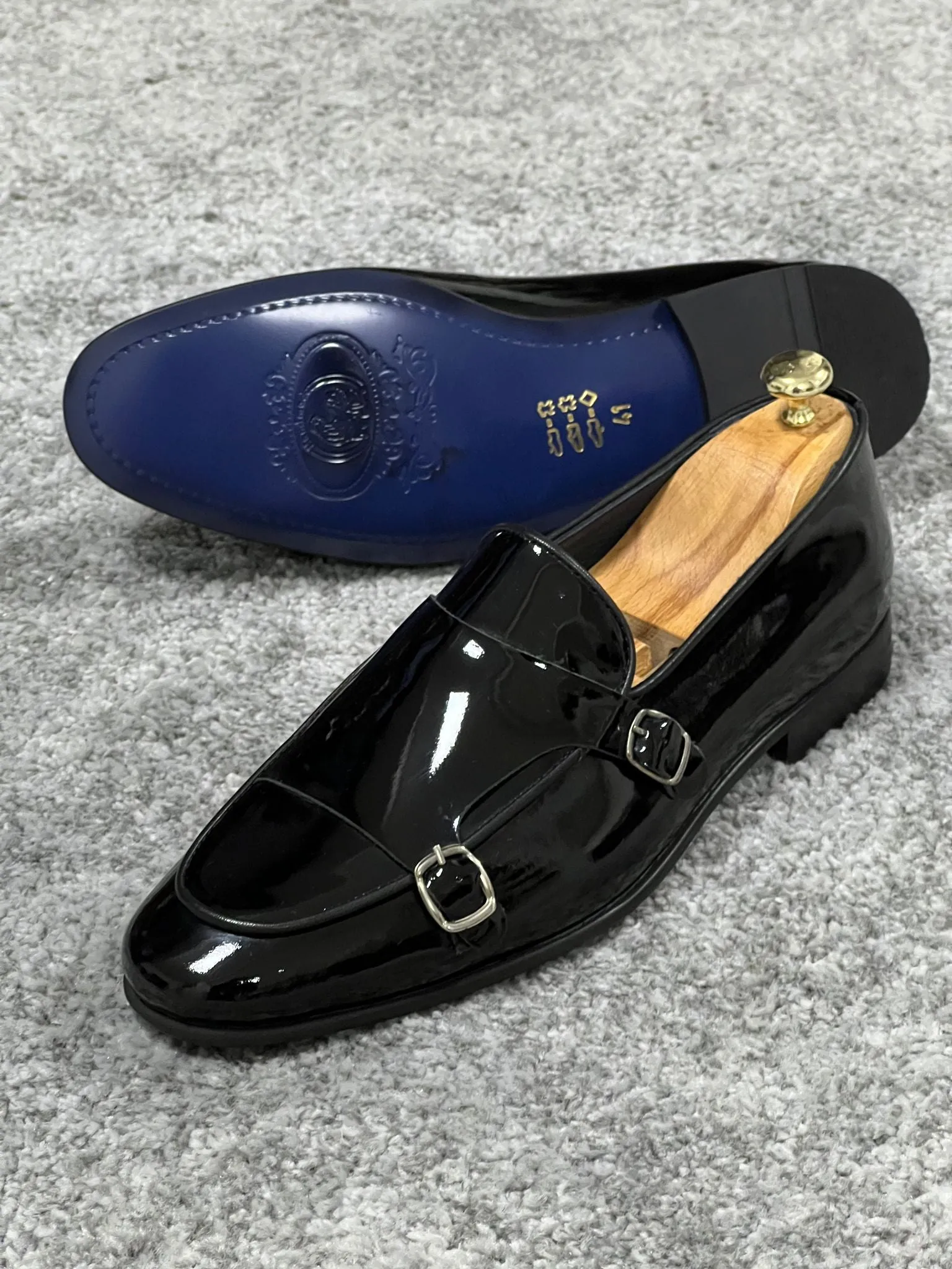 Lenzi Special Edition Neolite Sole Double Monk Shiney Leather Black Shoes