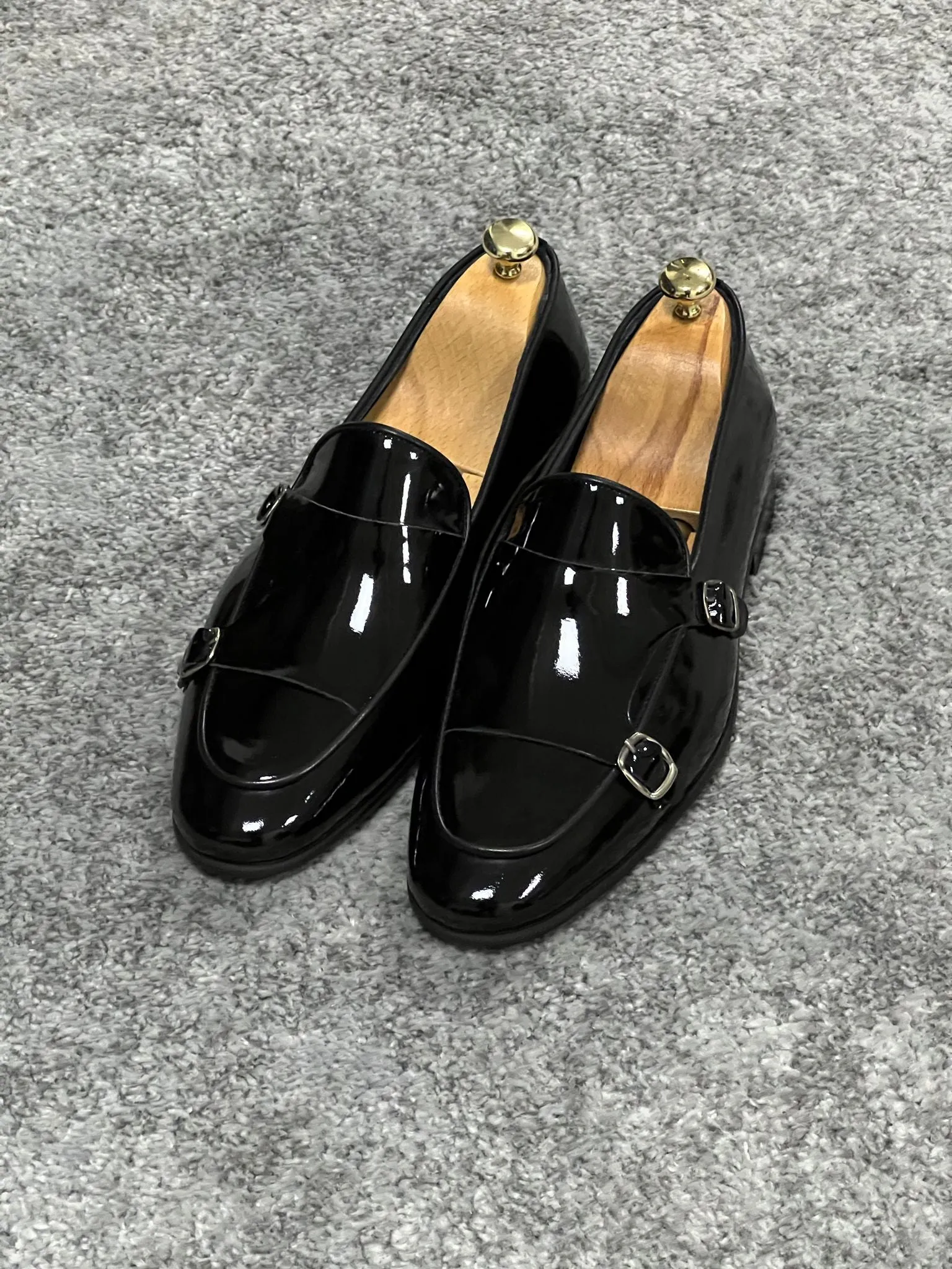 Lenzi Special Edition Neolite Sole Double Monk Shiney Leather Black Shoes