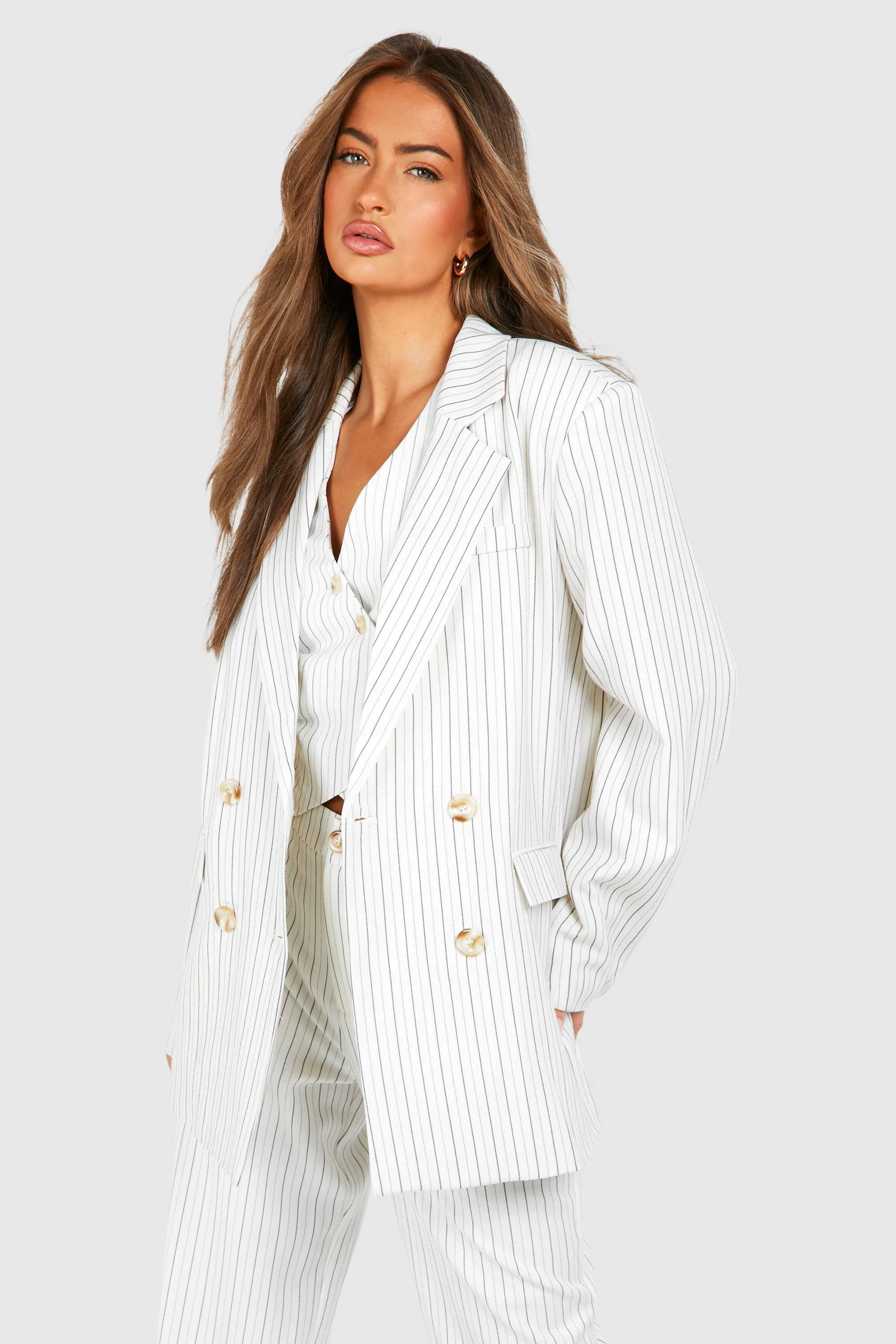 Linen Look Pinstripe Relaxed Fit Blazer